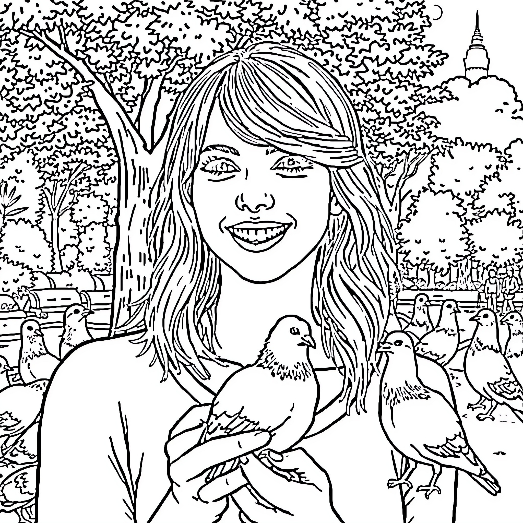 Taylor Swift smiling with doves in a scenic park Coloring Page (free black-and-white line drawing printable PDF for all, from beginners to advanced learners, including children, teens, adults, and seniors)