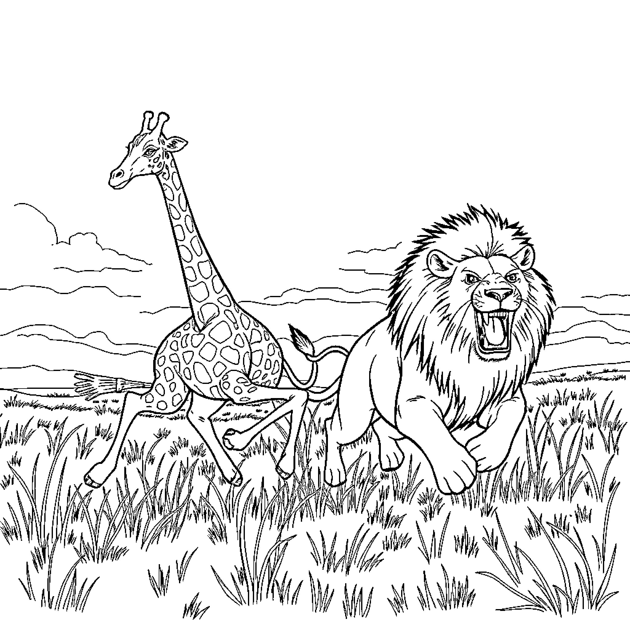 Giraffe and lion in African savanna landscape Coloring Page (free black-and-white line drawing printable PDF for all, from beginners to advanced learners, including children, teens, adults, and seniors)