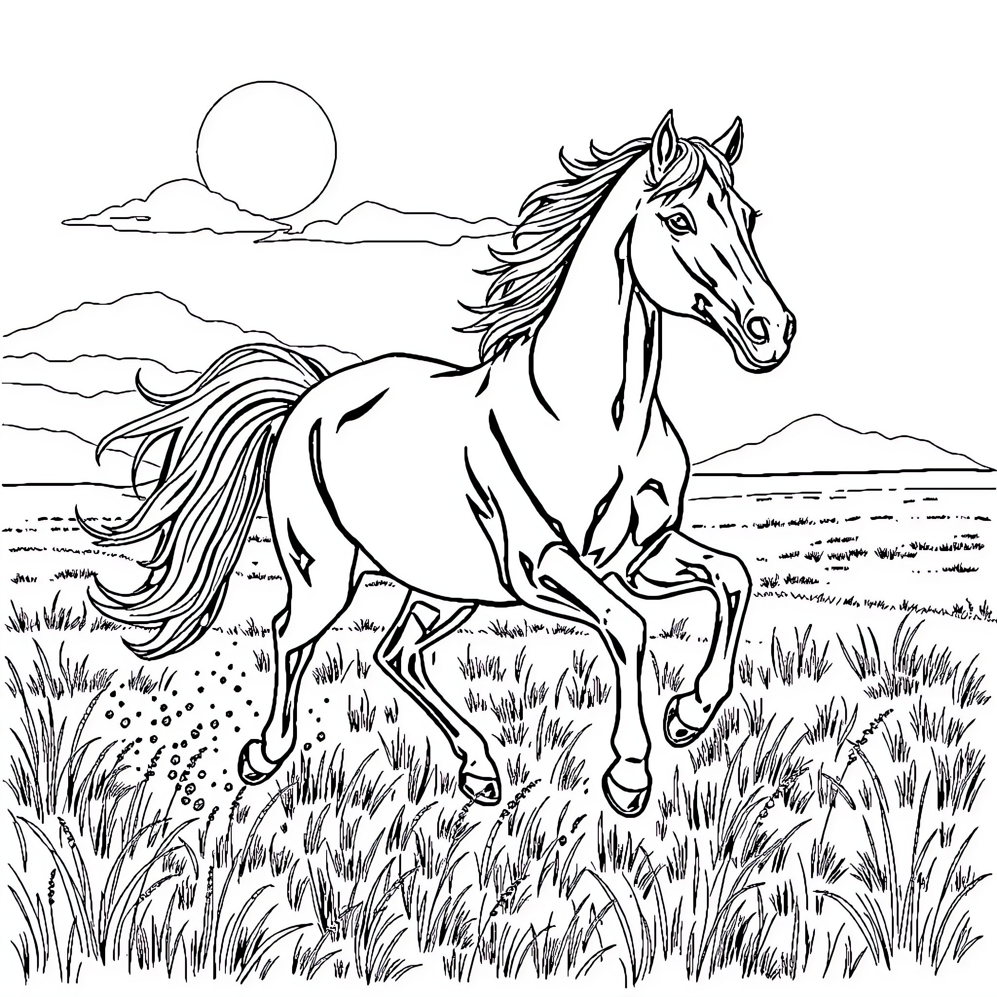Horse Galloping Freely Through Grassy Landscape Coloring Page (free black-and-white line drawing printable PDF for all, from beginners to advanced learners, including children, teens, adults, and seniors)