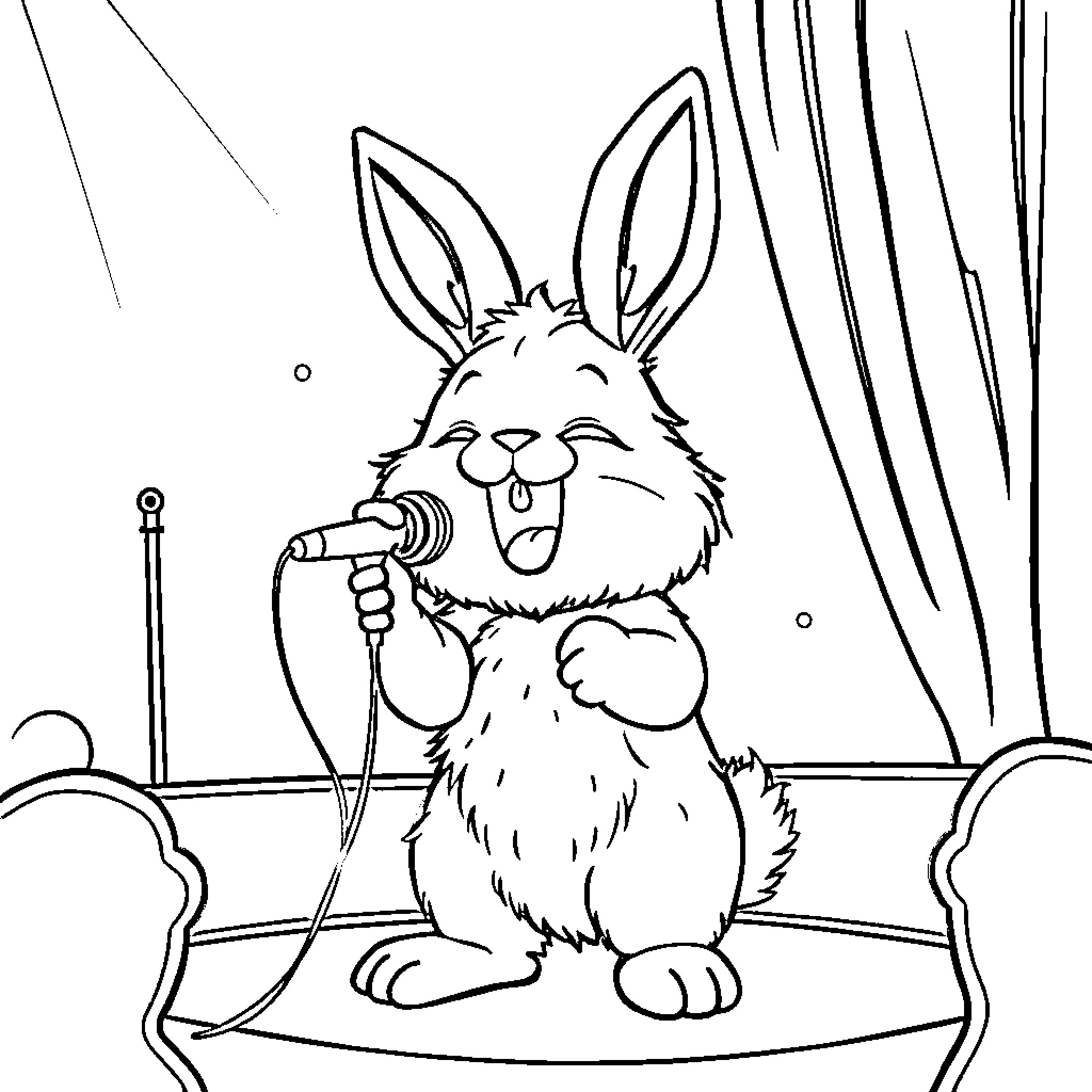 Bunny singing joyfully on stage Coloring Page (free black-and-white line drawing printable PDF for all, from beginners to advanced learners, including children, teens, adults, and seniors)