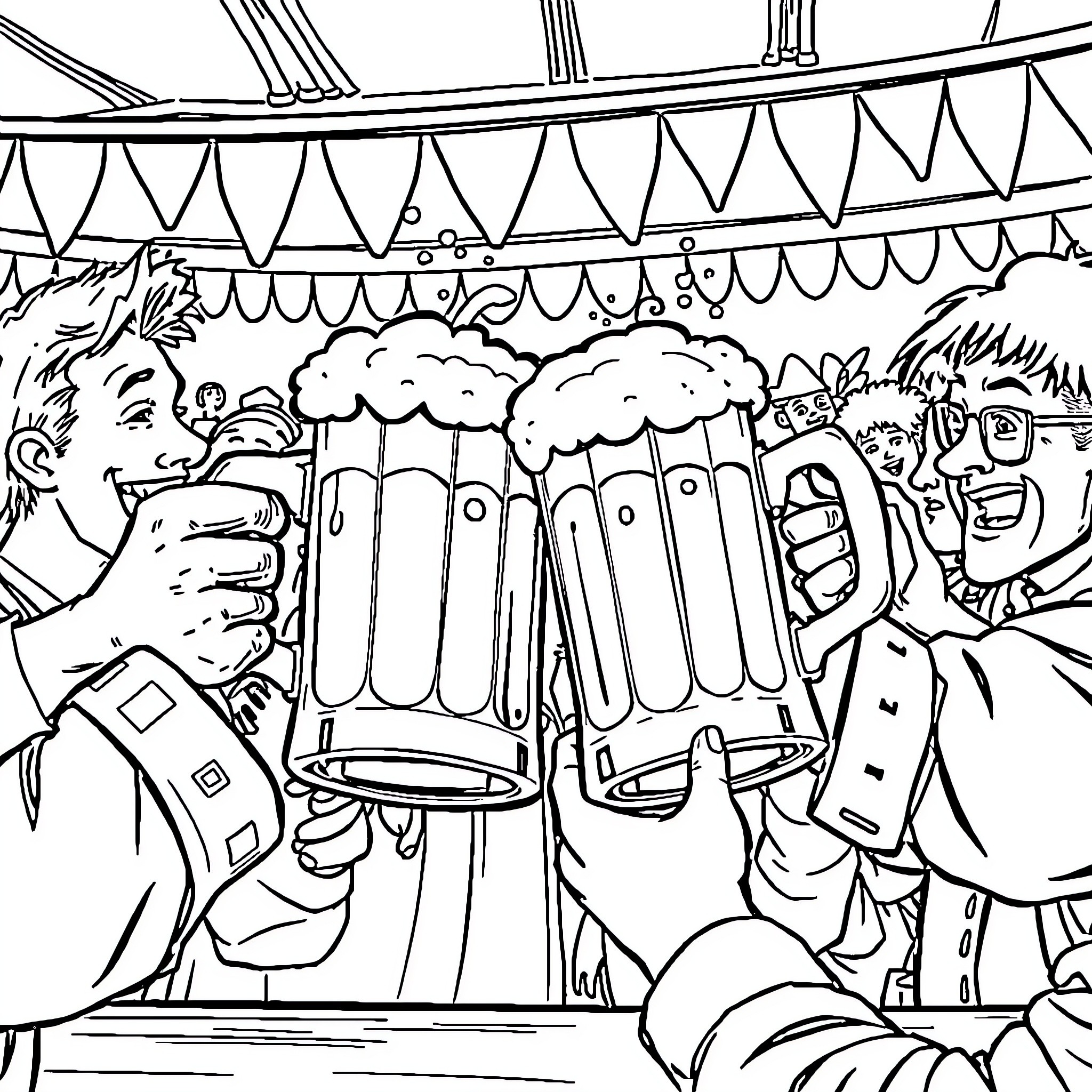 Beer Stein Festival with Lively Celebrations Coloring Page (free black-and-white line drawing printable PDF for all, from beginners to advanced learners, including children, teens, adults, and seniors)