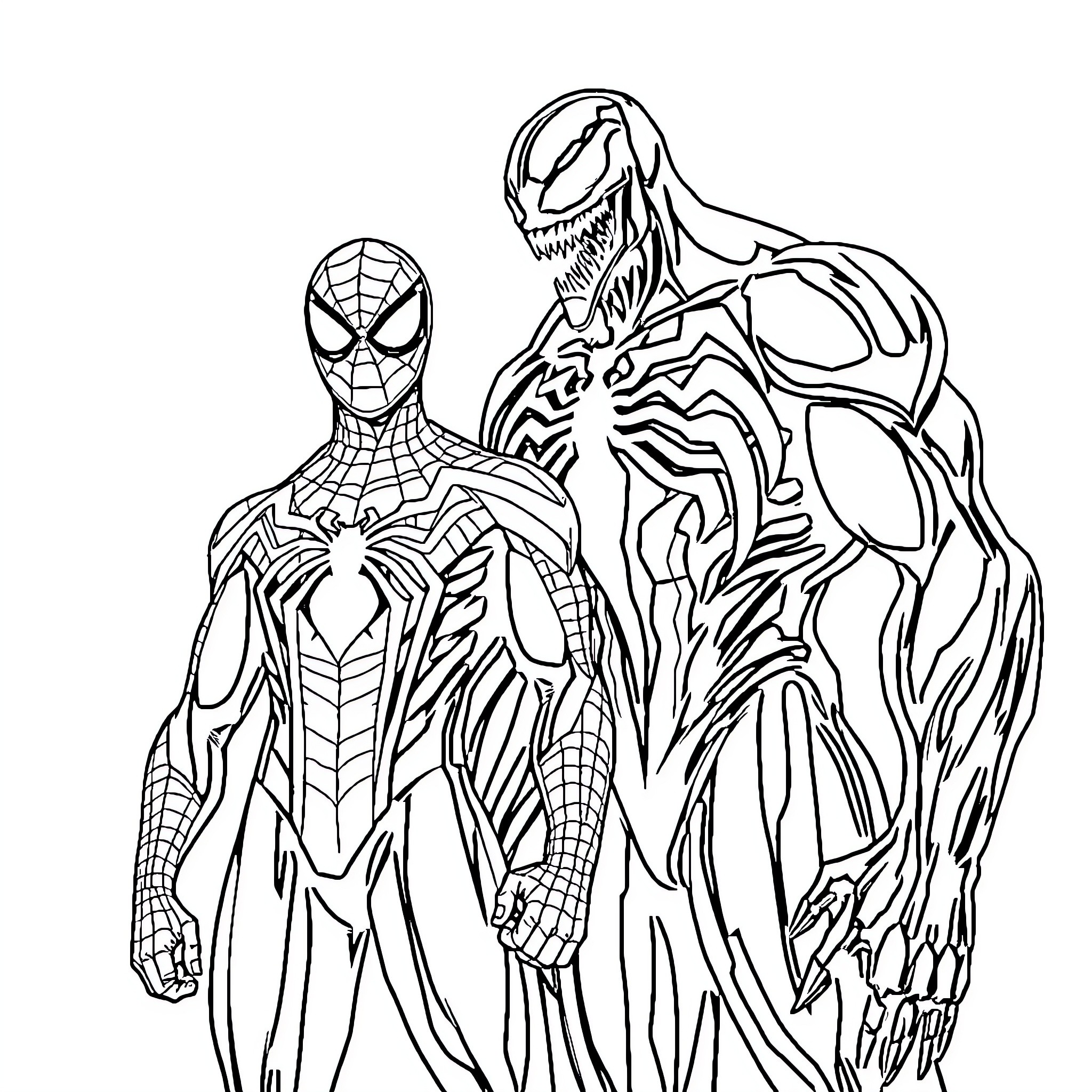 Spider-Man and Venom: Heroic Encounter Coloring Page (free black-and-white line drawing printable PDF for all, from beginners to advanced learners, including children, teens, adults, and seniors)