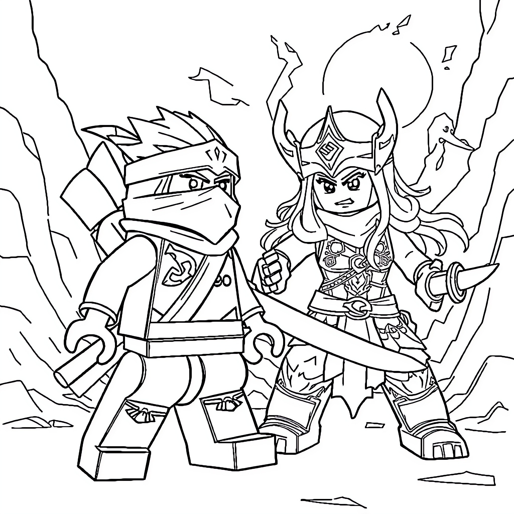 Ninjago heroes in action Coloring Page (free black-and-white line drawing printable PDF for all, from beginners to advanced learners, including children, teens, adults, and seniors)
