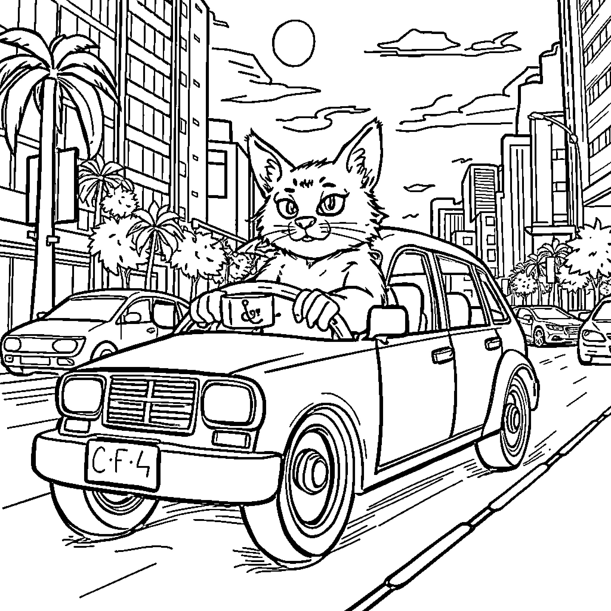 Perro riding happily in a car on the city street Coloring Page (free black-and-white line drawing printable PDF for all, from beginners to advanced learners, including children, teens, adults, and seniors)