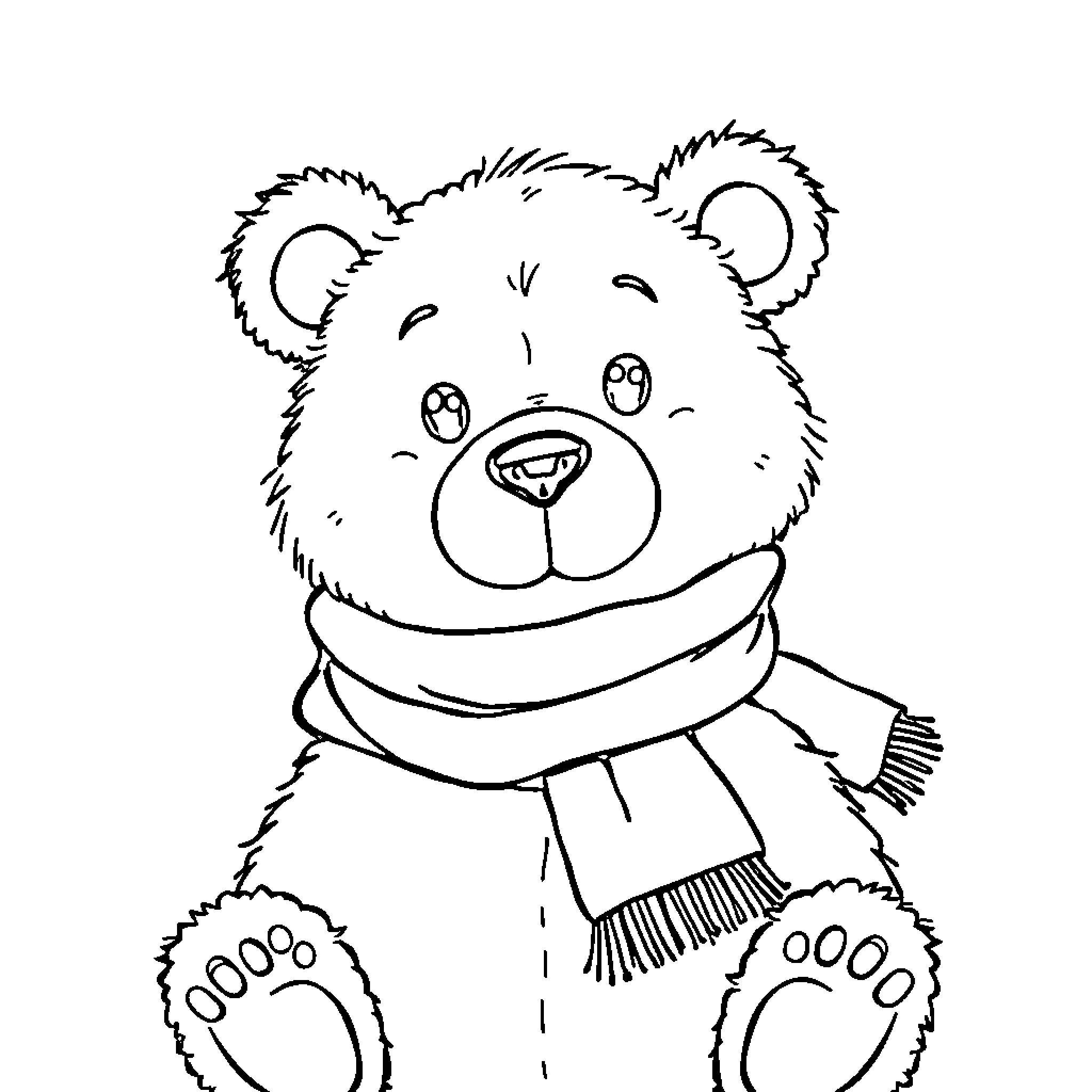 Bear wearing a cozy scarf Coloring Page (free black-and-white line drawing printable PDF for all, from beginners to advanced learners, including children, teens, adults, and seniors)