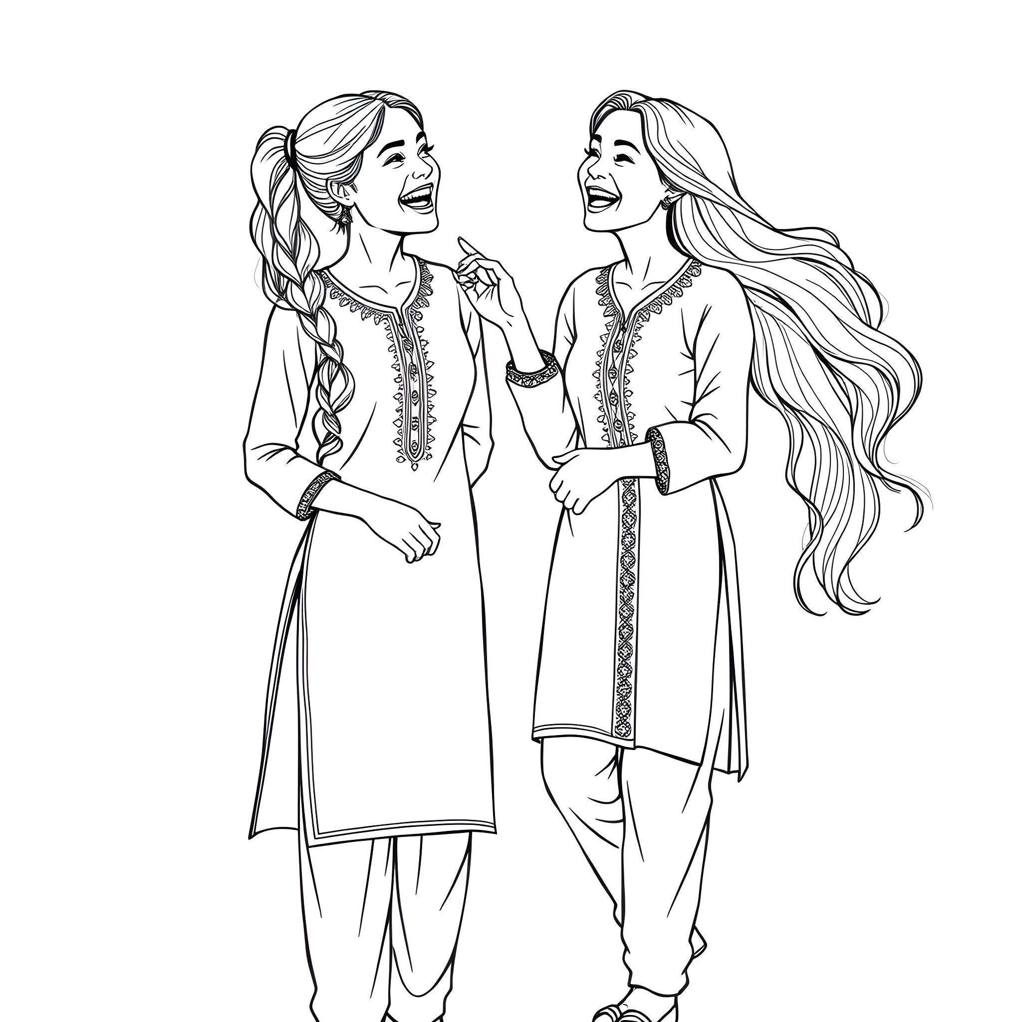Teacher and student talking happily in traditional outfits Coloring Page (free black-and-white line drawing printable PDF for all, from beginners to advanced learners, including children, teens, adults, and seniors)