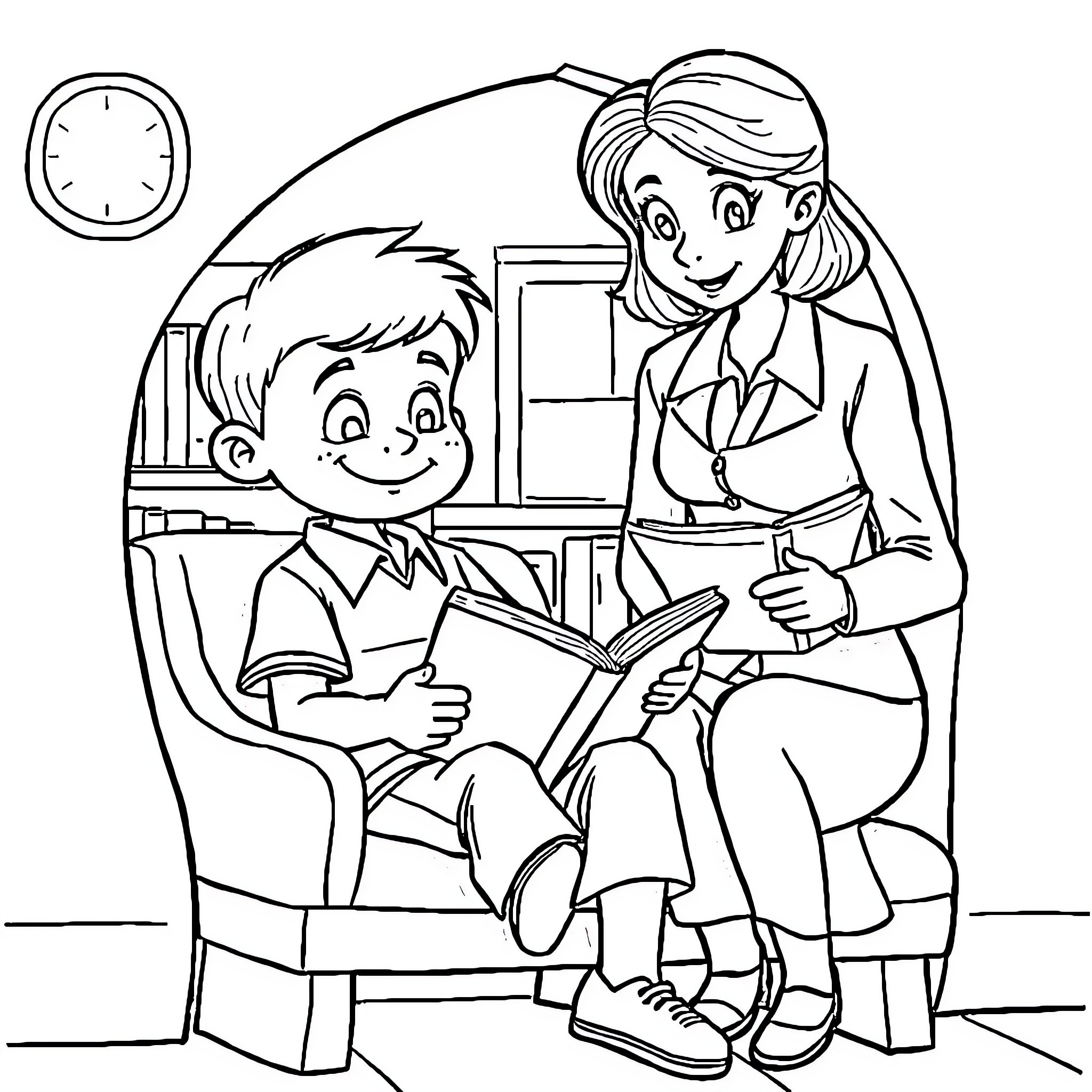 Niño studying with teacher in classroom Coloring Page (free black-and-white line drawing printable PDF for all, from beginners to advanced learners, including children, teens, adults, and seniors)
