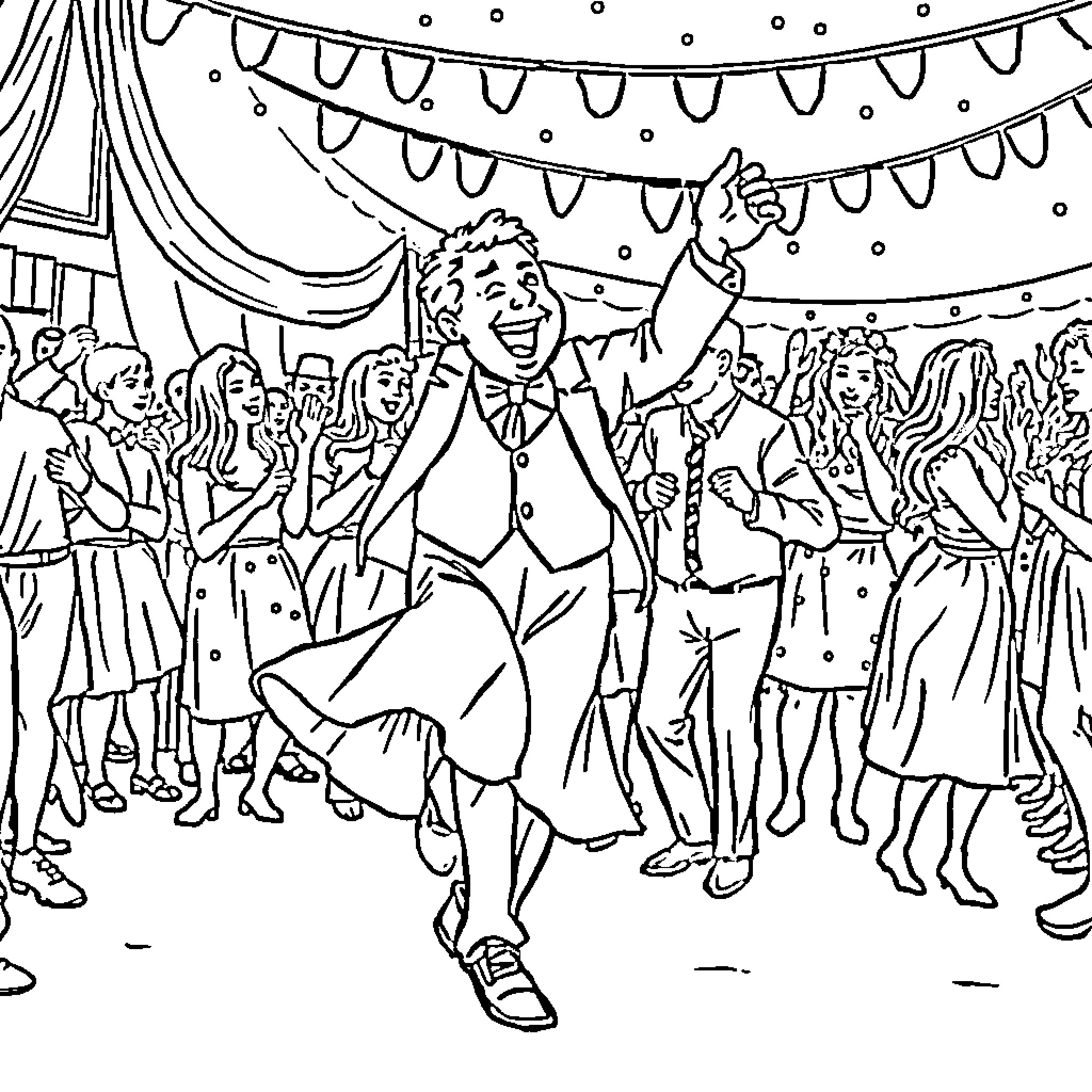 François Legault dancing joyfully with a crowd Coloring Page (free black-and-white line drawing printable PDF for all, from beginners to advanced learners, including children, teens, adults, and seniors)
