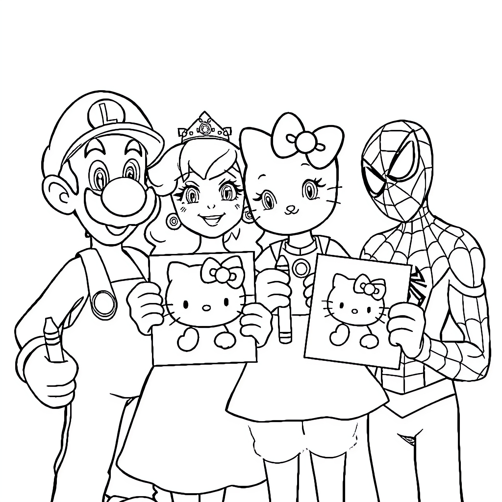 Character Group posing with Cartoon Characters Coloring Page (free black-and-white line drawing printable PDF for all, from beginners to advanced learners, including children, teens, adults, and seniors)