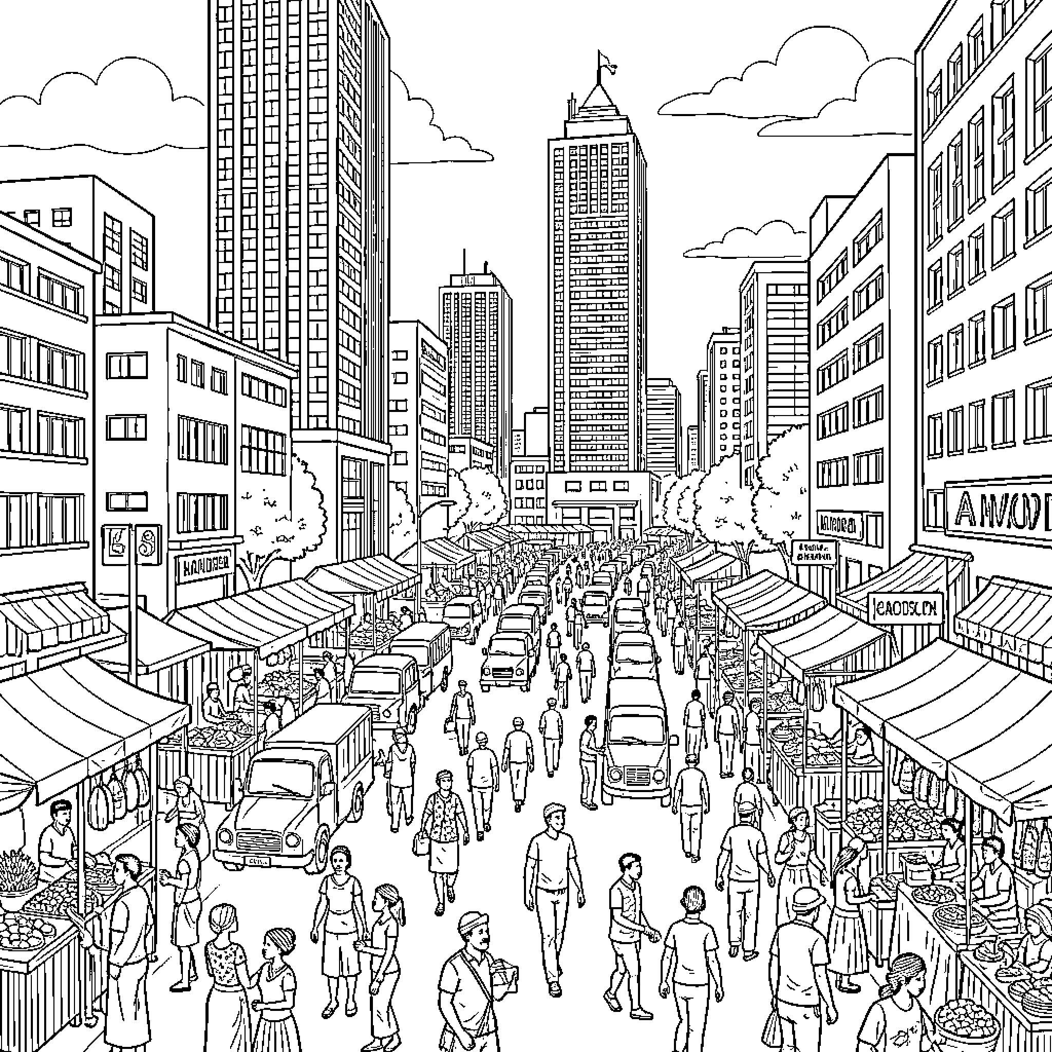 Nairobi bustling urban street scene with crowds Coloring Page (free black-and-white line drawing printable PDF for all, from beginners to advanced learners, including children, teens, adults, and seniors)