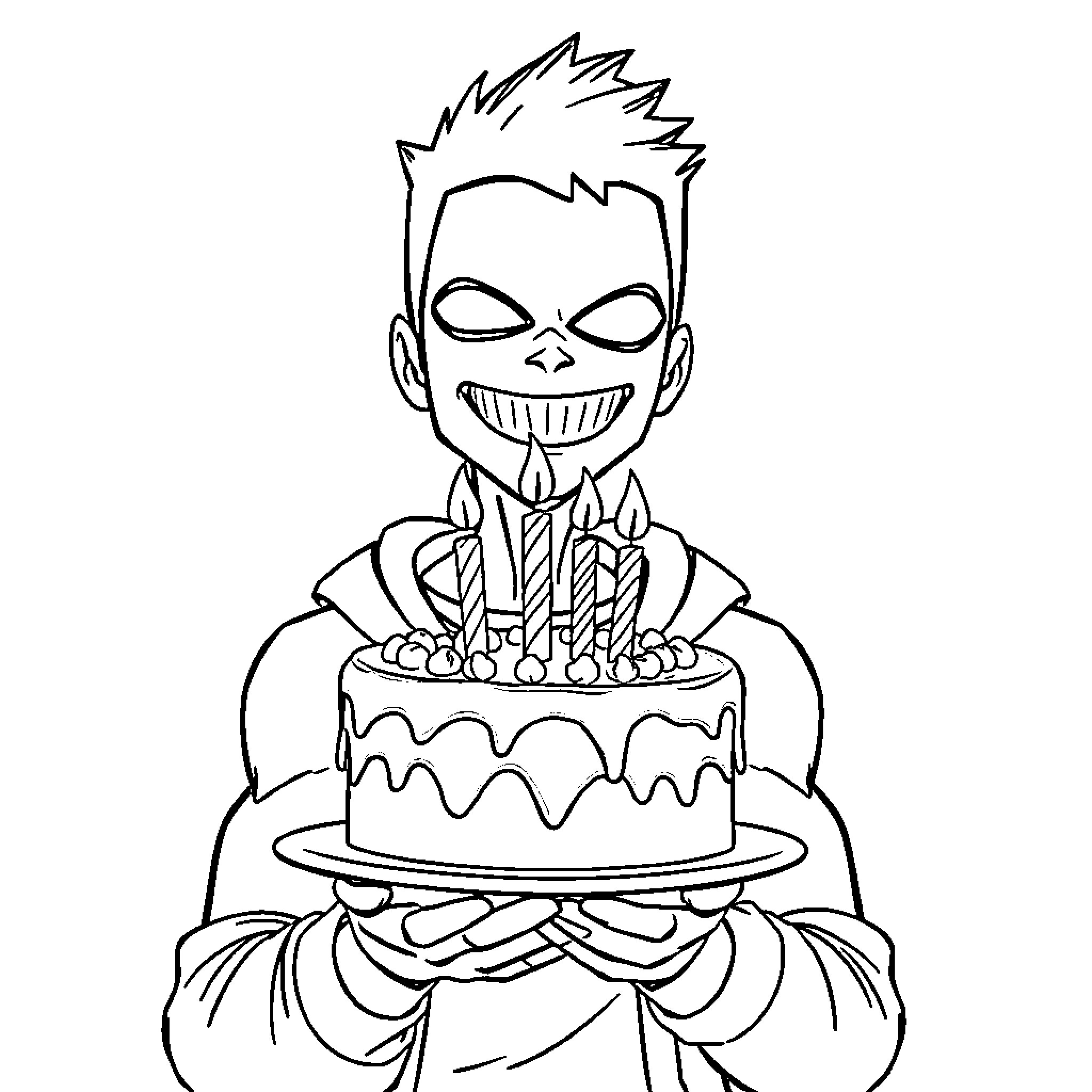 Miles Morales holding a birthday cake with a big smile Coloring Page (free black-and-white line drawing printable PDF for all, from beginners to advanced learners, including children, teens, adults, and seniors)