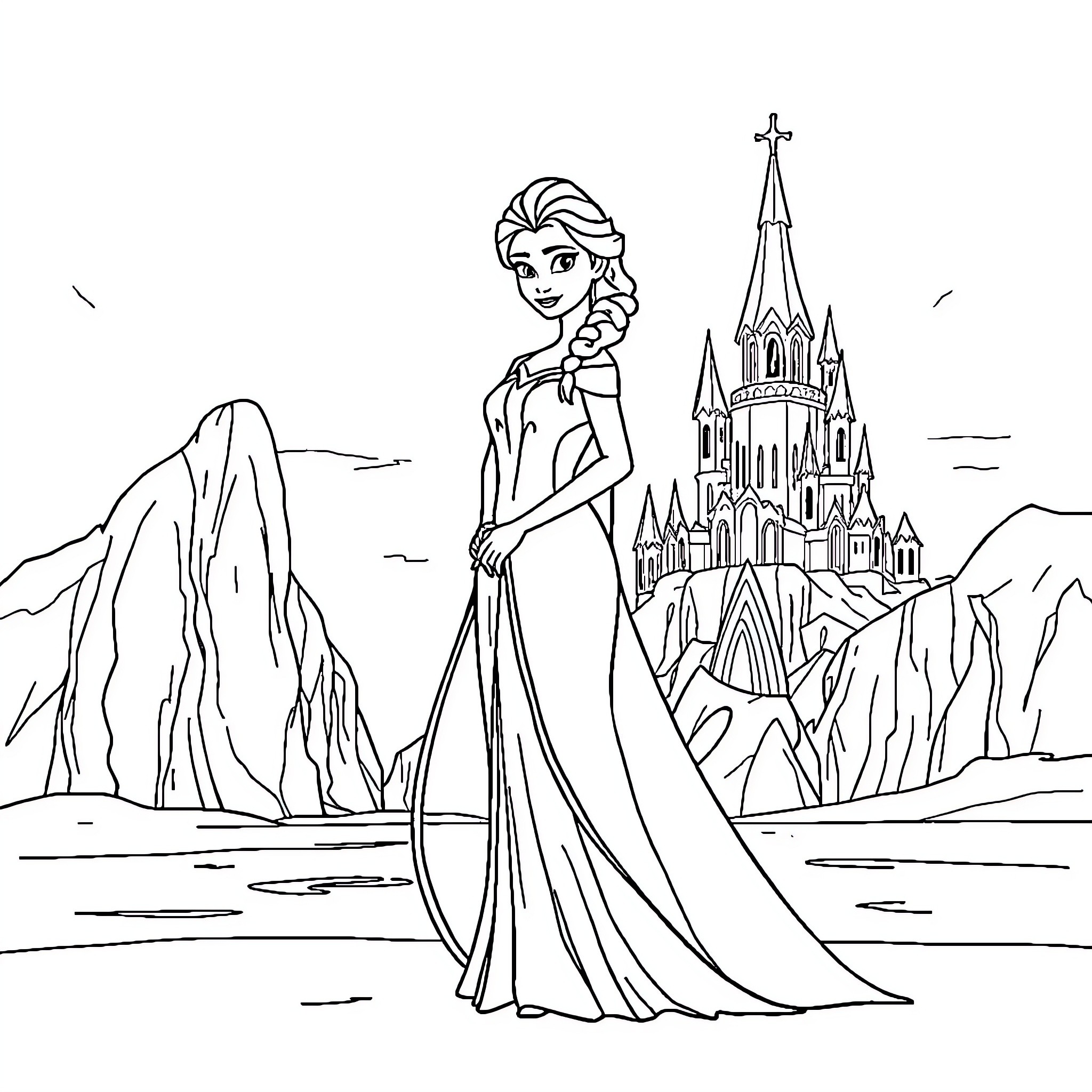 Elsa admiring the majestic castle in the winter wonderland Coloring Page (free black-and-white line drawing printable PDF for all, from beginners to advanced learners, including children, teens, adults, and seniors)
