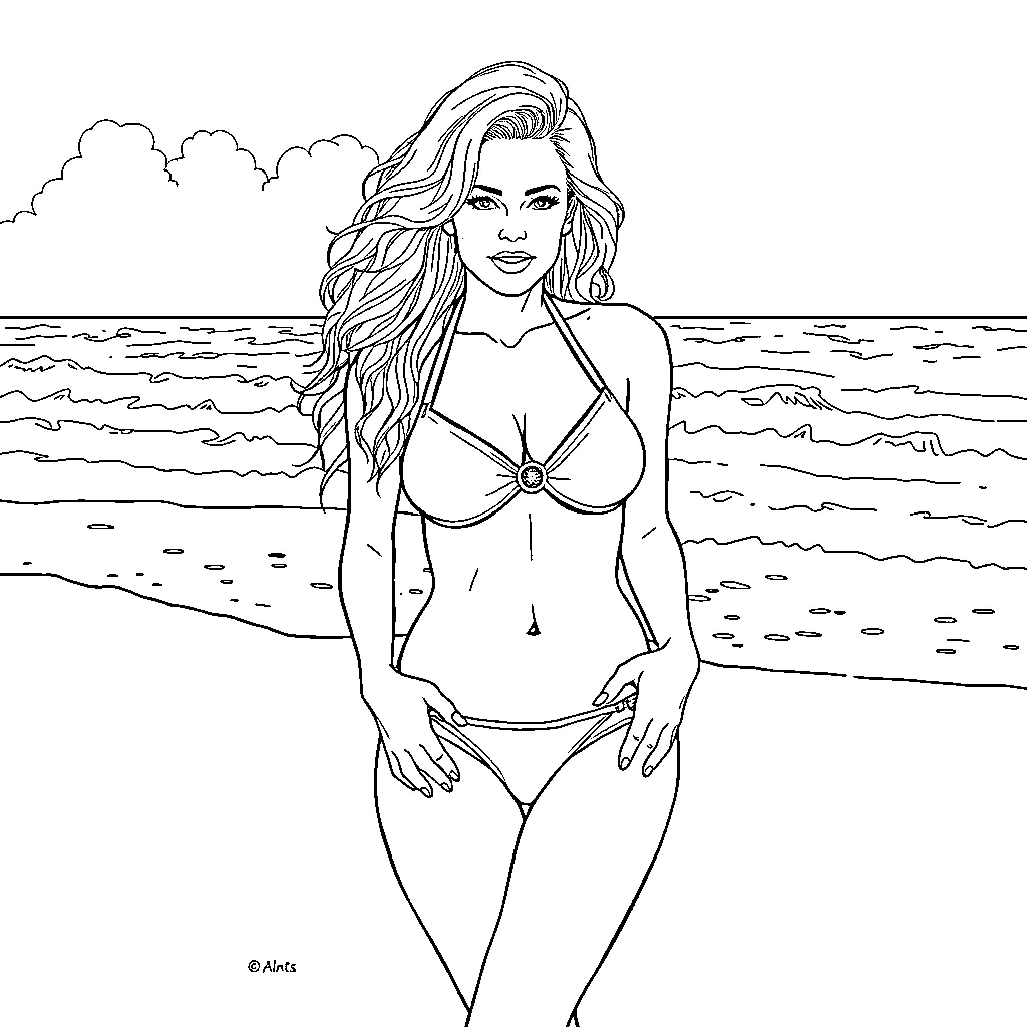 Pamela Anderson posing confidently in a swimsuit by the ocean Coloring Page (free black-and-white line drawing printable PDF for all, from beginners to advanced learners, including children, teens, adults, and seniors)