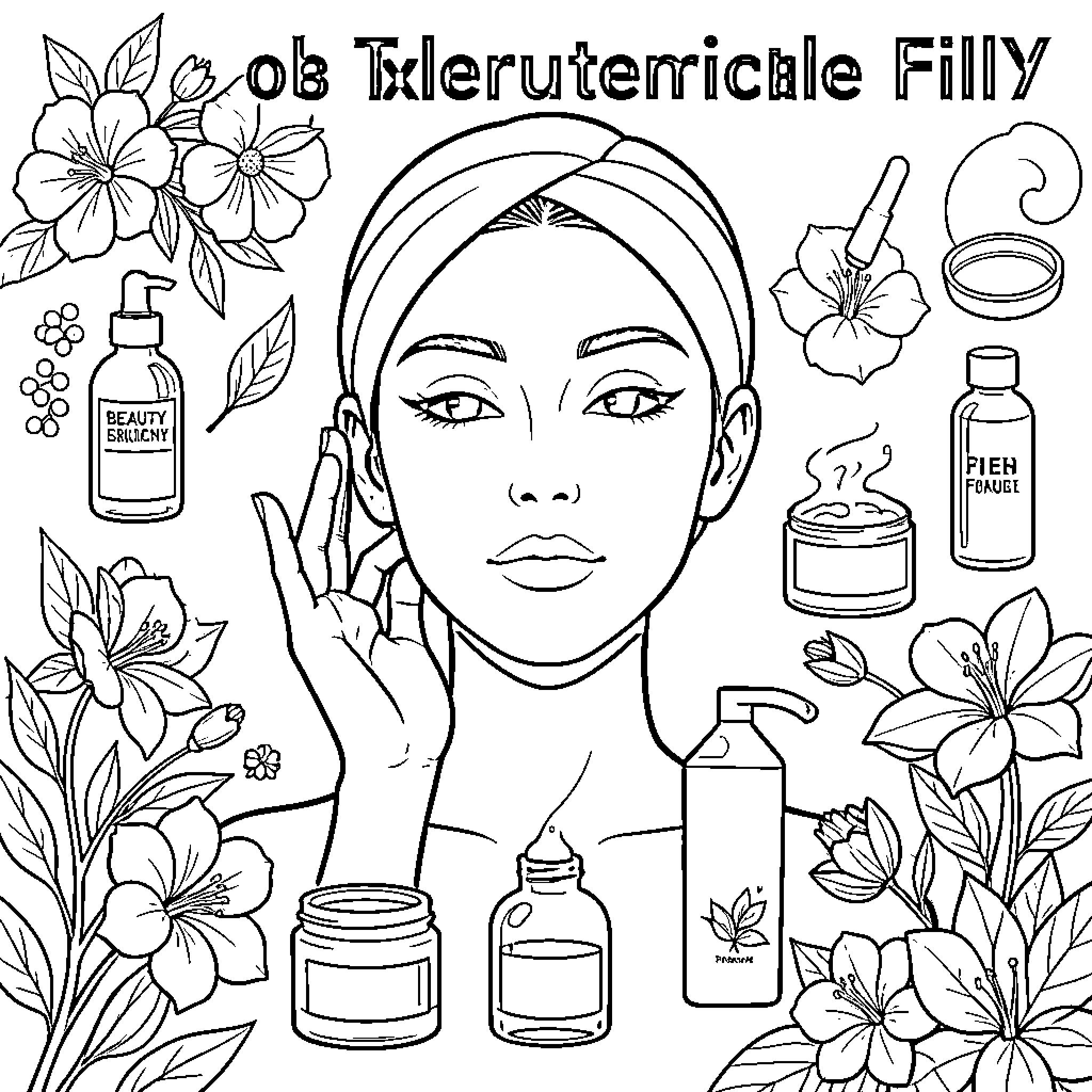 Cosmetology scene featuring a woman surrounded by skincare products Coloring Page (free black-and-white line drawing printable PDF for all, from beginners to advanced learners, including children, teens, adults, and seniors)