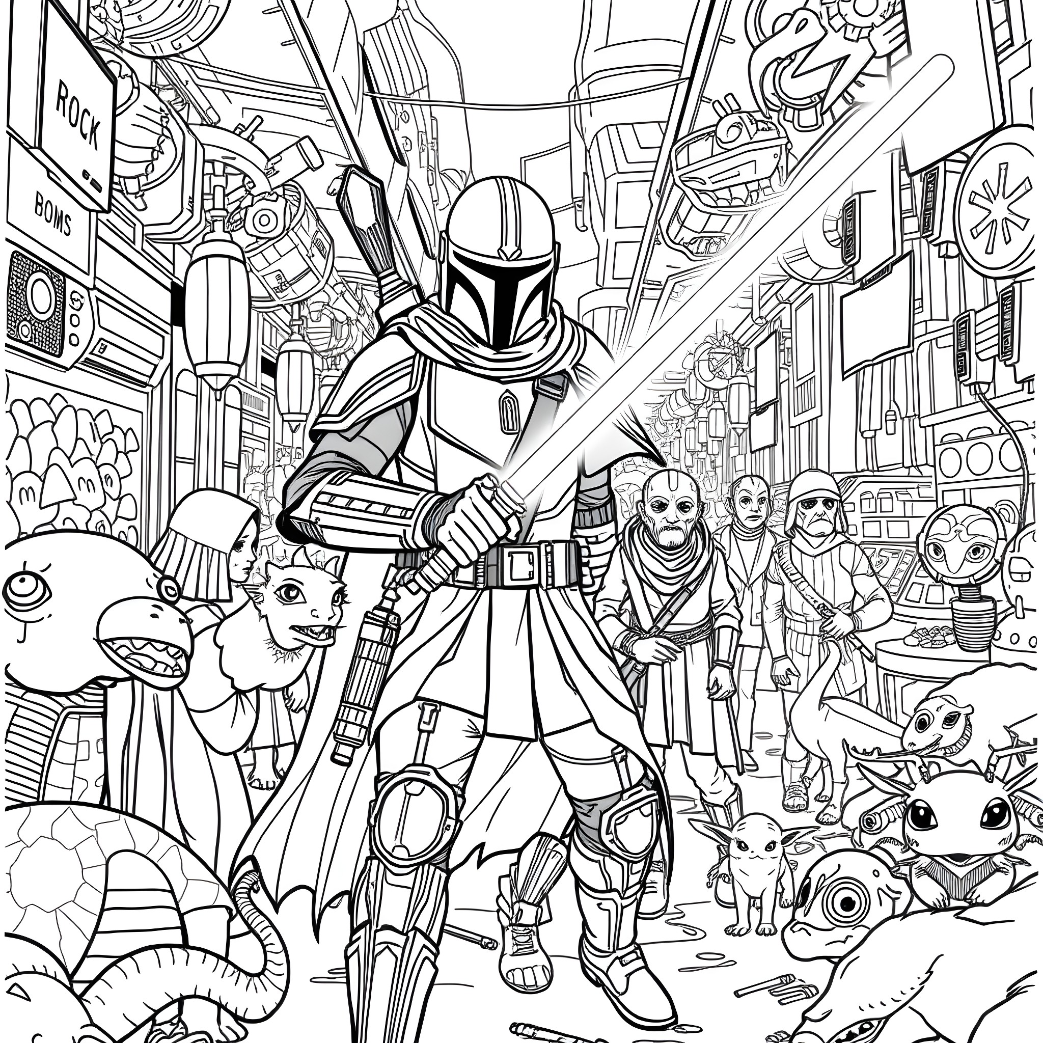 Mandalorian's Intergalactic Adventure Amid Chaos and Creatures Coloring Page (free black-and-white line drawing printable PDF for all, from beginners to advanced learners, including children, teens, adults, and seniors)