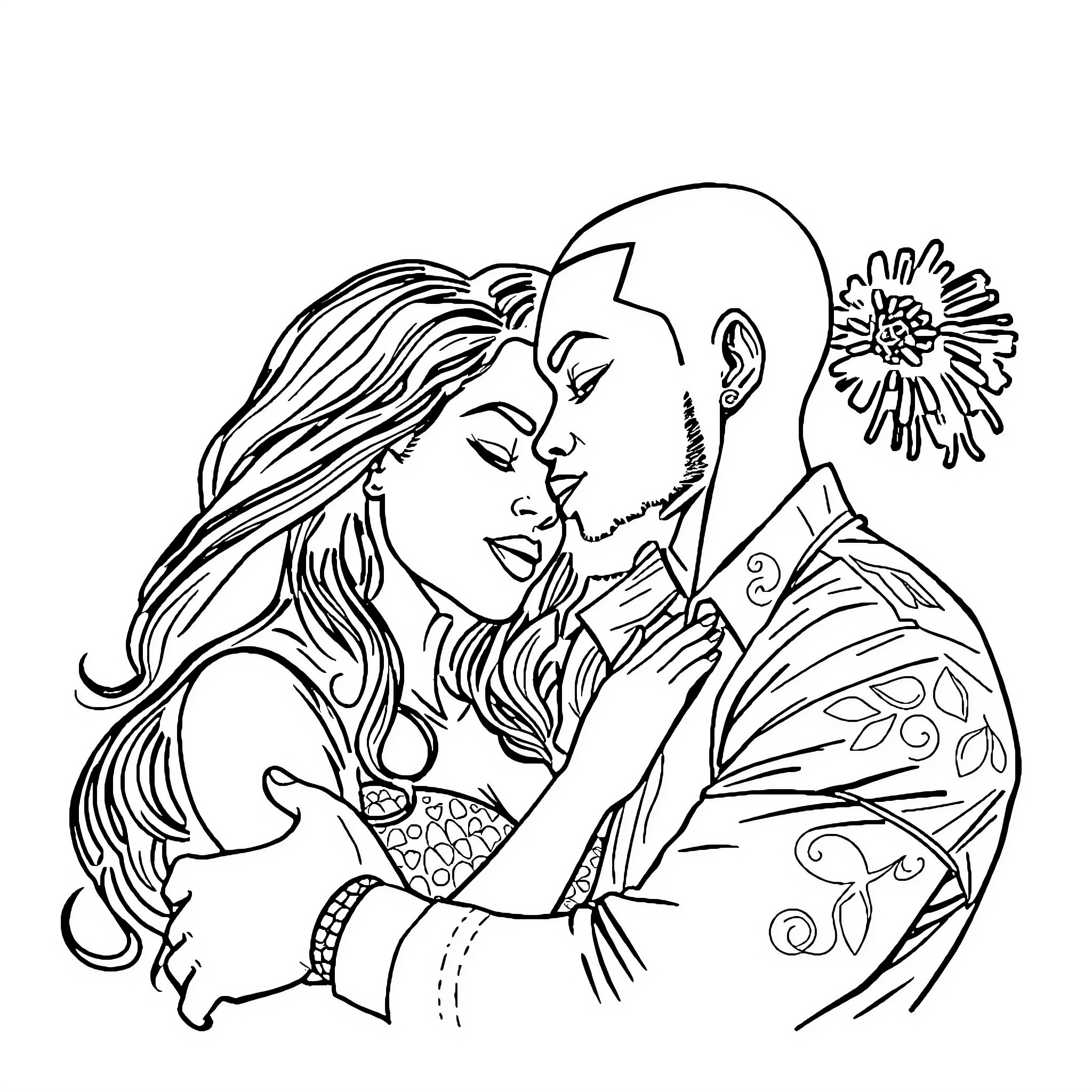 Black Couple Embracing Lovingly Coloring Page (free black-and-white line drawing printable PDF for all, from beginners to advanced learners, including children, teens, adults, and seniors)
