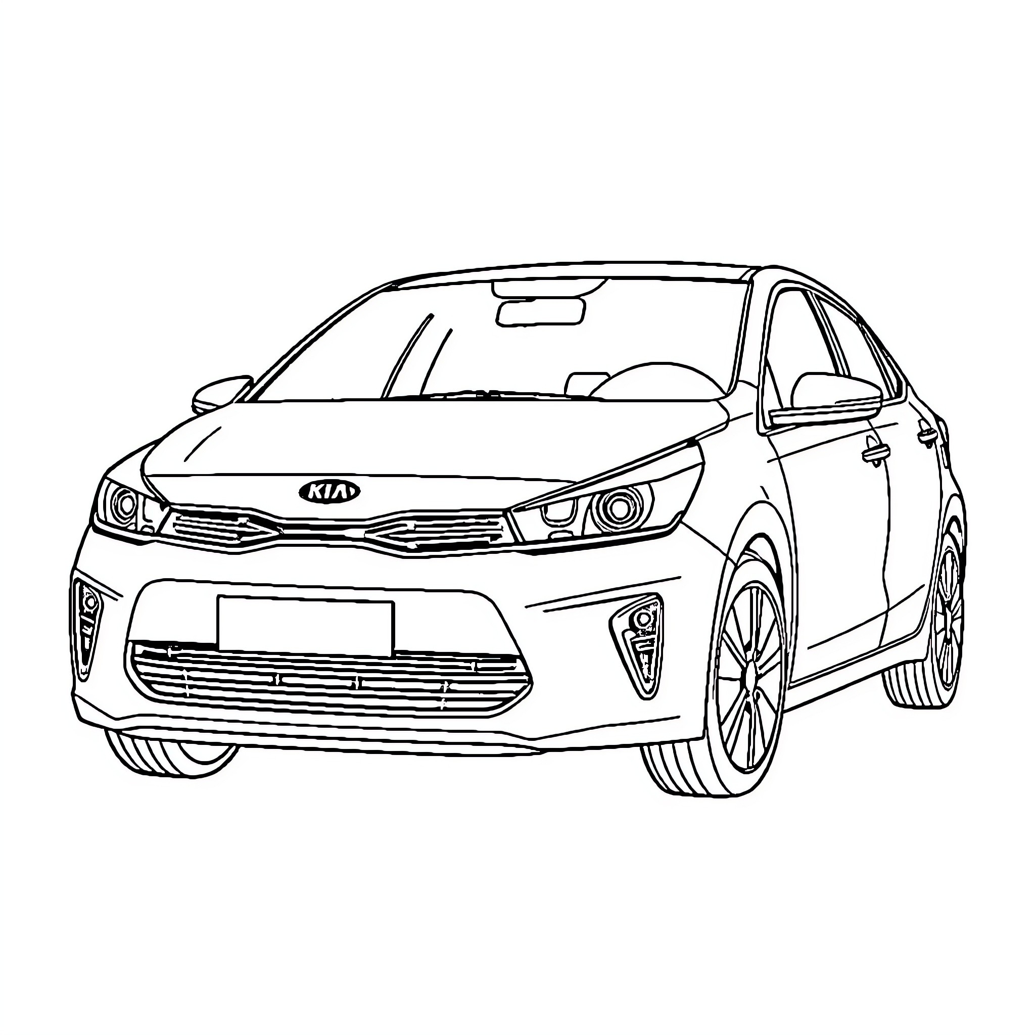 Kia Rio compact sedan line drawing Coloring Page (free black-and-white line drawing printable PDF for all, from beginners to advanced learners, including children, teens, adults, and seniors)