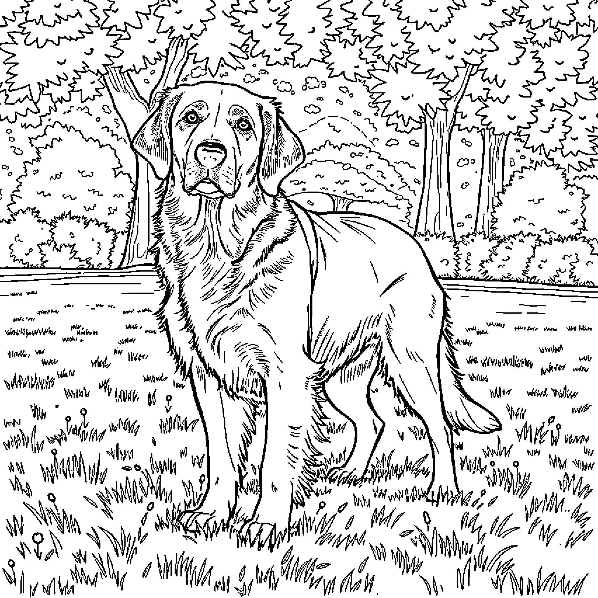 Gold Retriever enjoying nature in the park Coloring Page (free black-and-white line drawing printable PDF for all, from beginners to advanced learners, including children, teens, adults, and seniors)