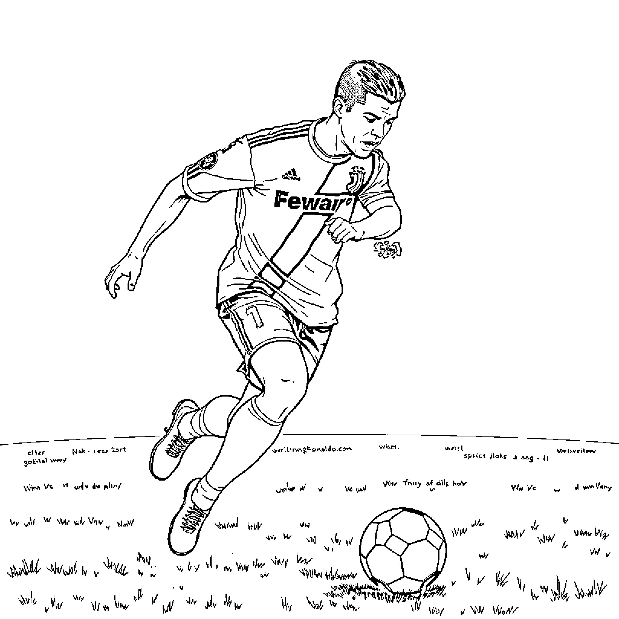 Cristiano Ronaldo playing soccer on the field Coloring Page (free black-and-white line drawing printable PDF for all, from beginners to advanced learners, including children, teens, adults, and seniors)