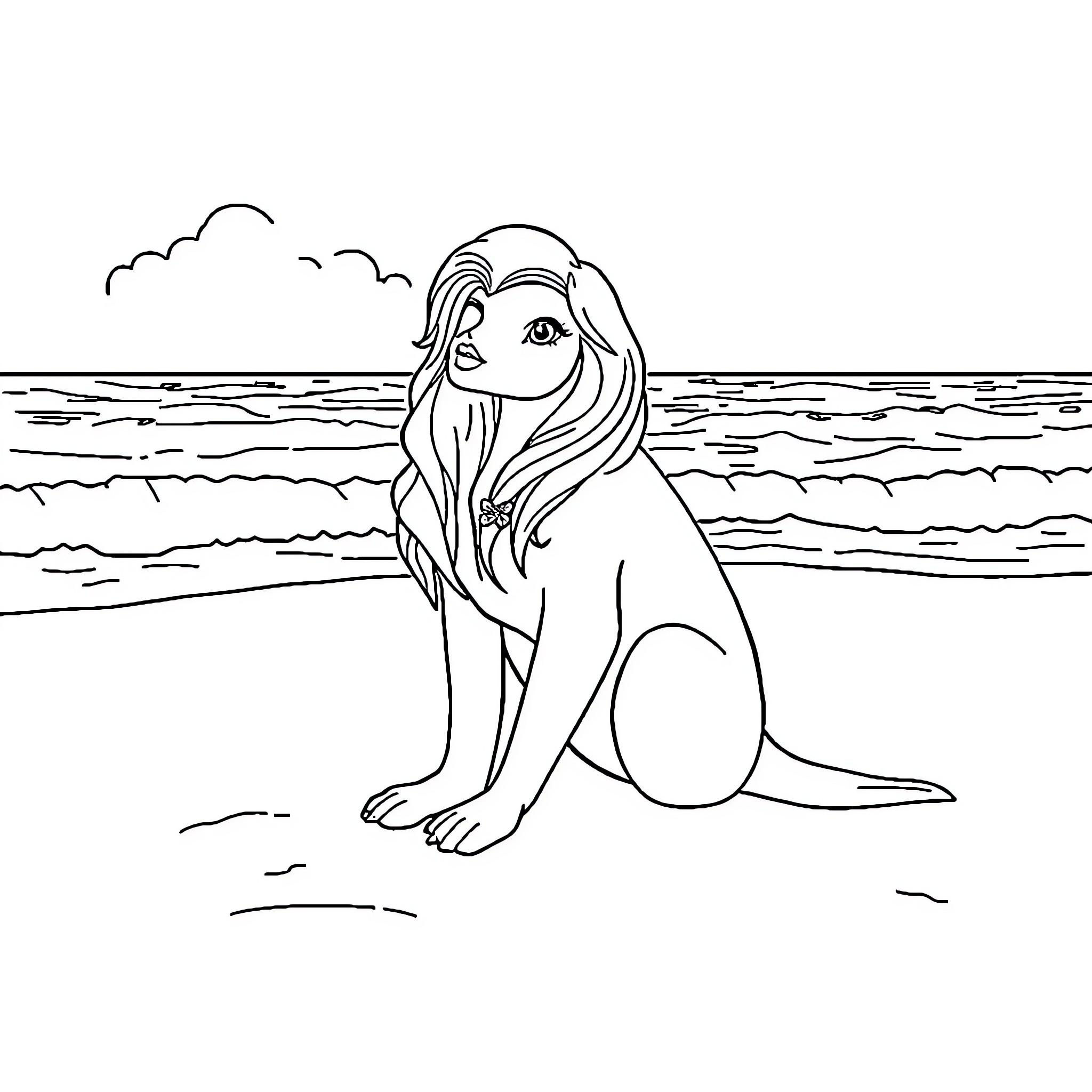 Queen on the Beachside Coloring Page (free black-and-white line drawing printable PDF for all, from beginners to advanced learners, including children, teens, adults, and seniors)