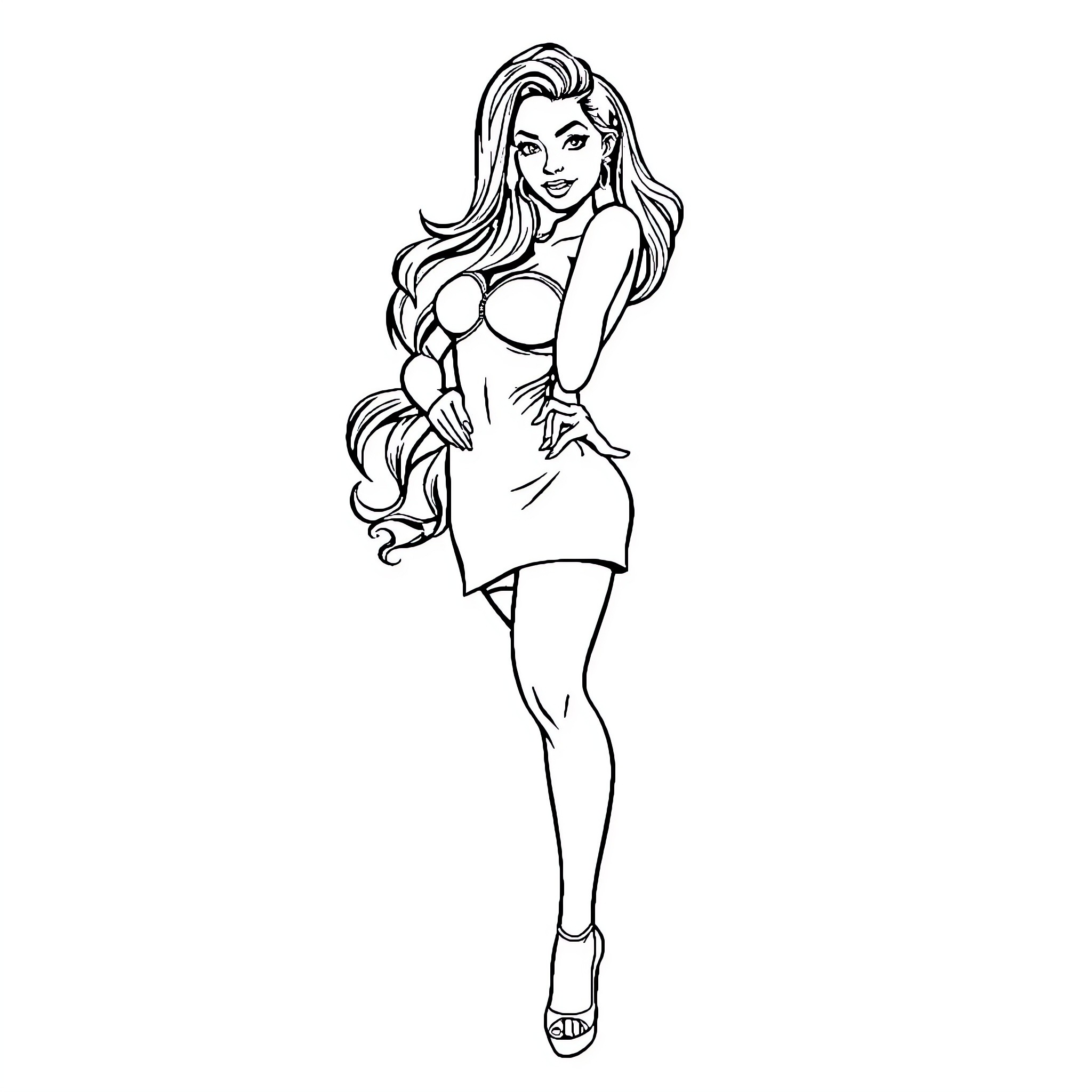 Woman in elegant dress posing confidently Coloring Page (free black-and-white line drawing printable PDF for all, from beginners to advanced learners, including children, teens, adults, and seniors)