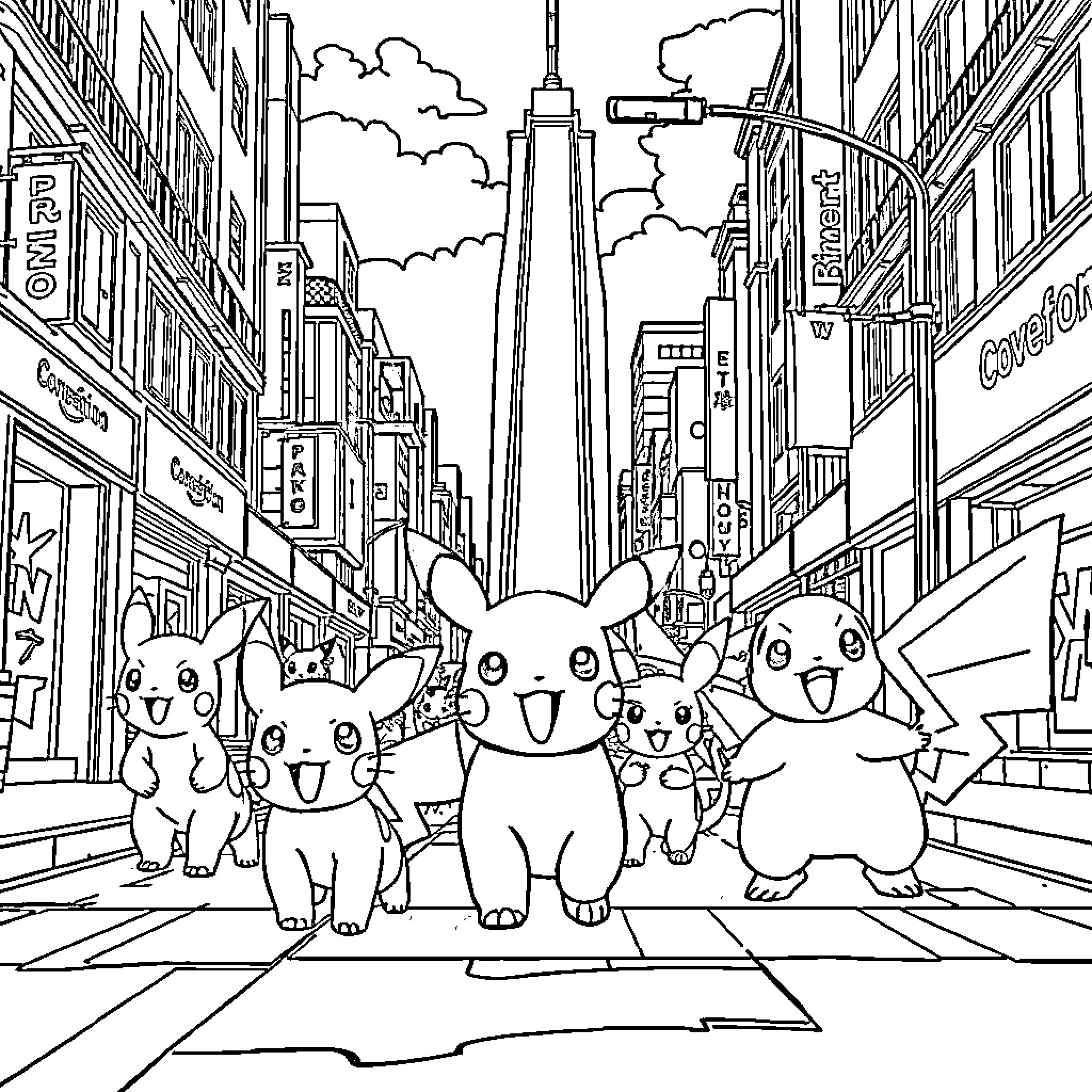 Pokémon characters exploring the city streets Coloring Page (free black-and-white line drawing printable PDF for all, from beginners to advanced learners, including children, teens, adults, and seniors)