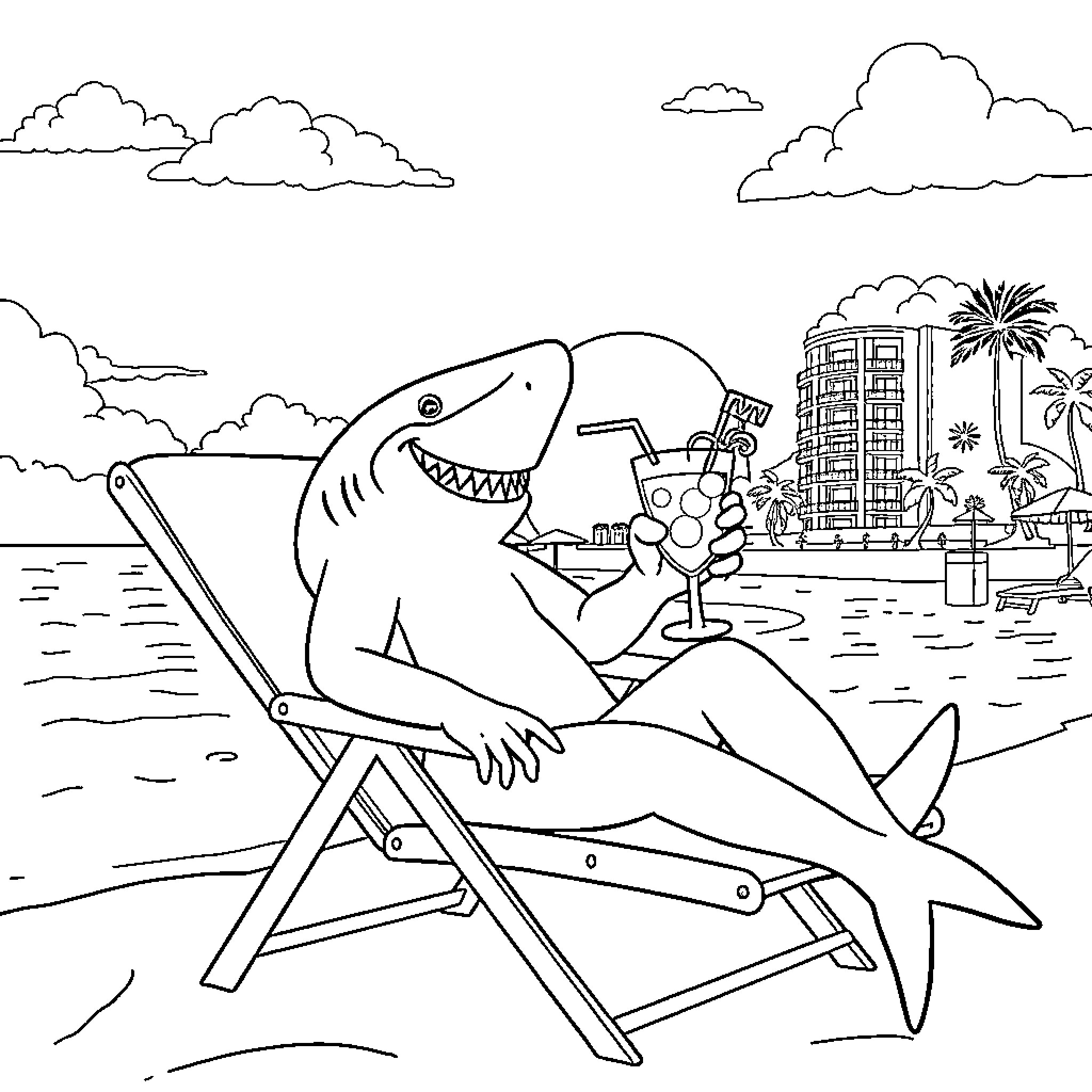Shark enjoying a beach vacation Coloring Page (free black-and-white line drawing printable PDF for all, from beginners to advanced learners, including children, teens, adults, and seniors)