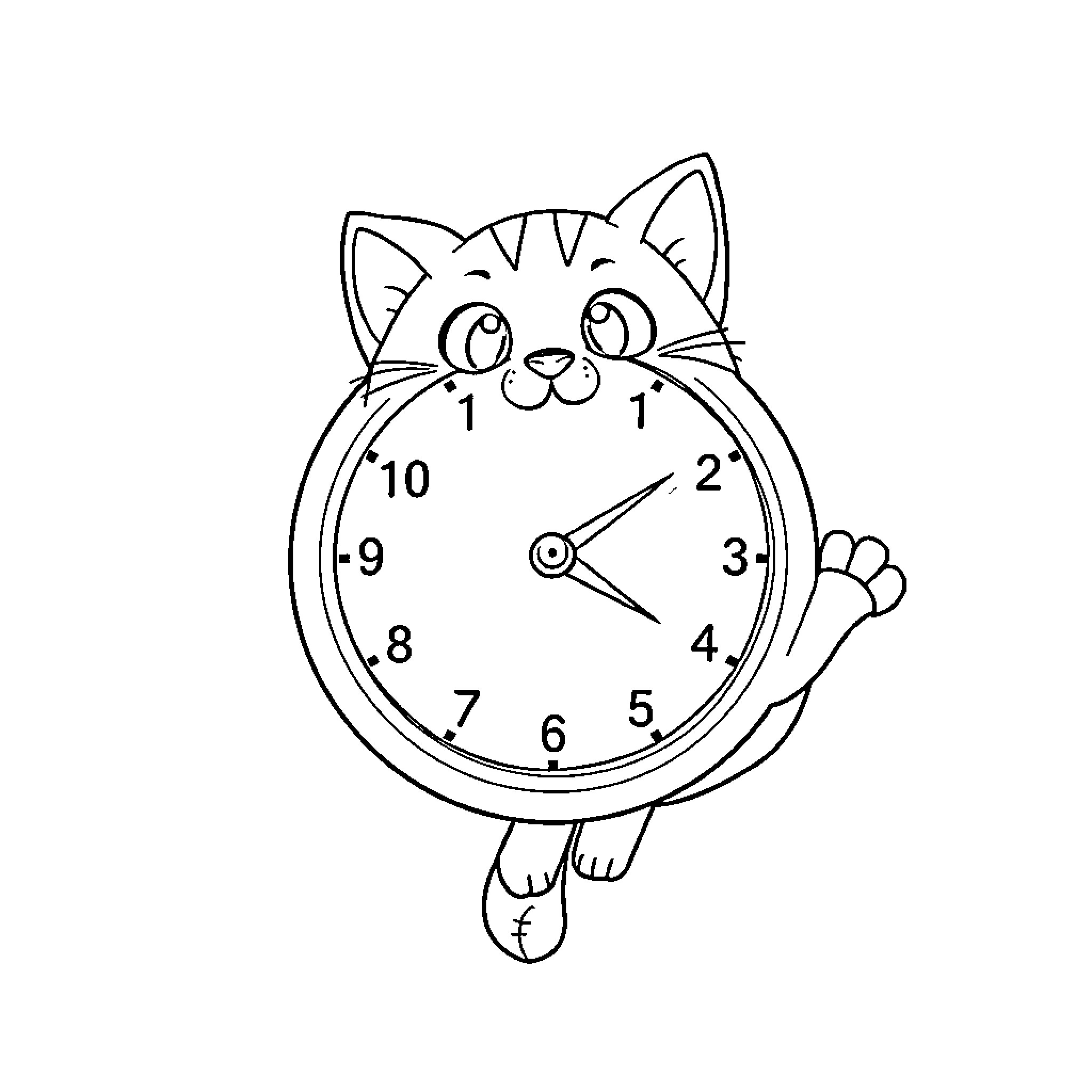Kit Cat Clock doing cute poses Coloring Page (free black-and-white line drawing printable PDF for all, from beginners to advanced learners, including children, teens, adults, and seniors)