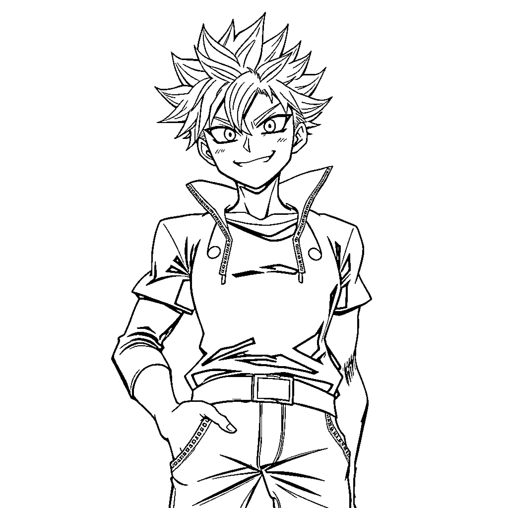 Bakugo in action with confident expression Coloring Page (free black-and-white line drawing printable PDF for all, from beginners to advanced learners, including children, teens, adults, and seniors)