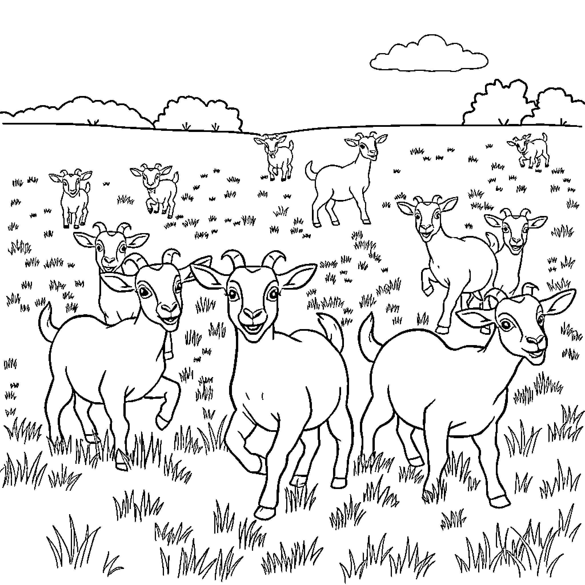 Goats grazing happily in a lush meadow Coloring Page (free black-and-white line drawing printable PDF for all, from beginners to advanced learners, including children, teens, adults, and seniors)