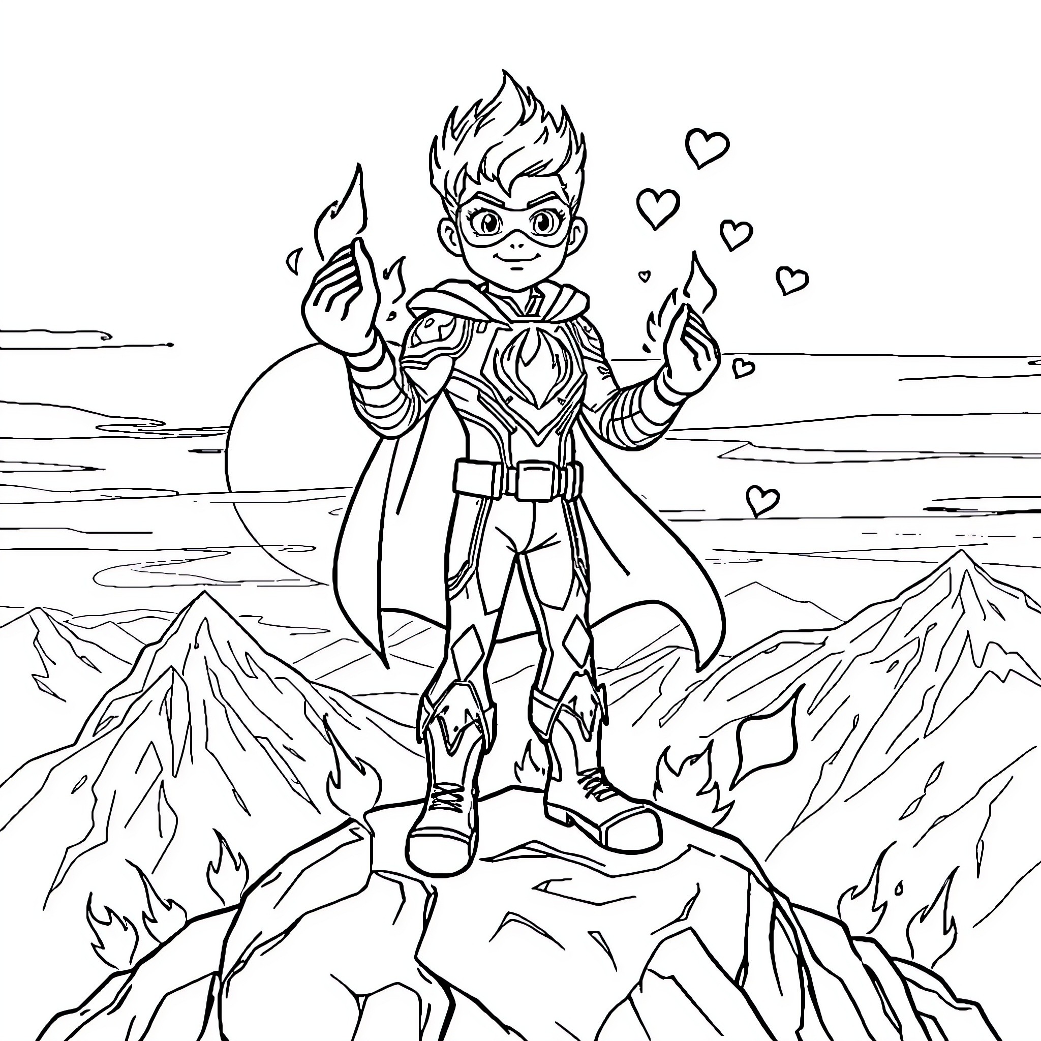 Superhero with Heart-Shaped Powers Coloring Page (free black-and-white line drawing printable PDF for all, from beginners to advanced learners, including children, teens, adults, and seniors)