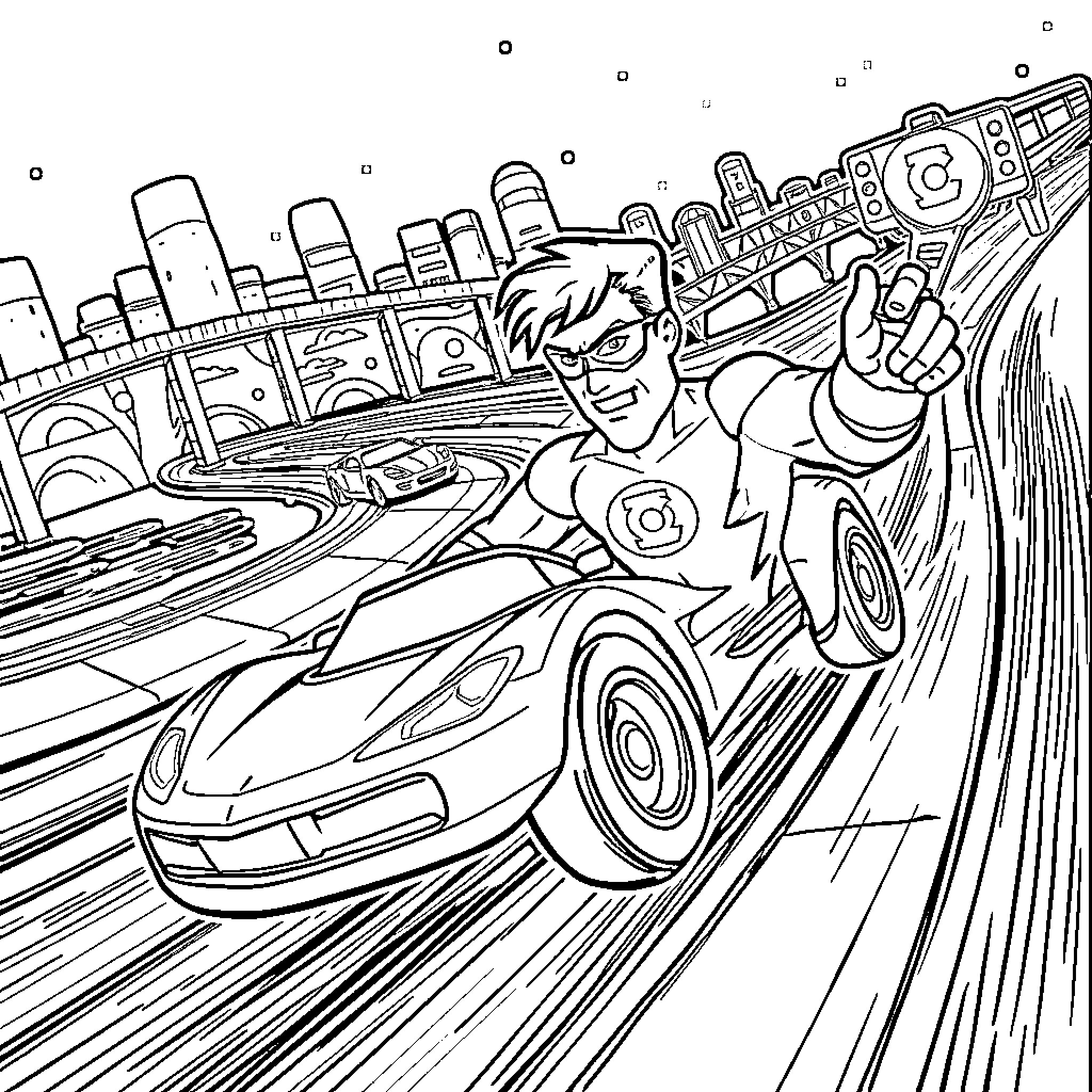 Green Lantern's Thrilling Car Chase Adventure Coloring Page (free black-and-white line drawing printable PDF for all, from beginners to advanced learners, including children, teens, adults, and seniors)