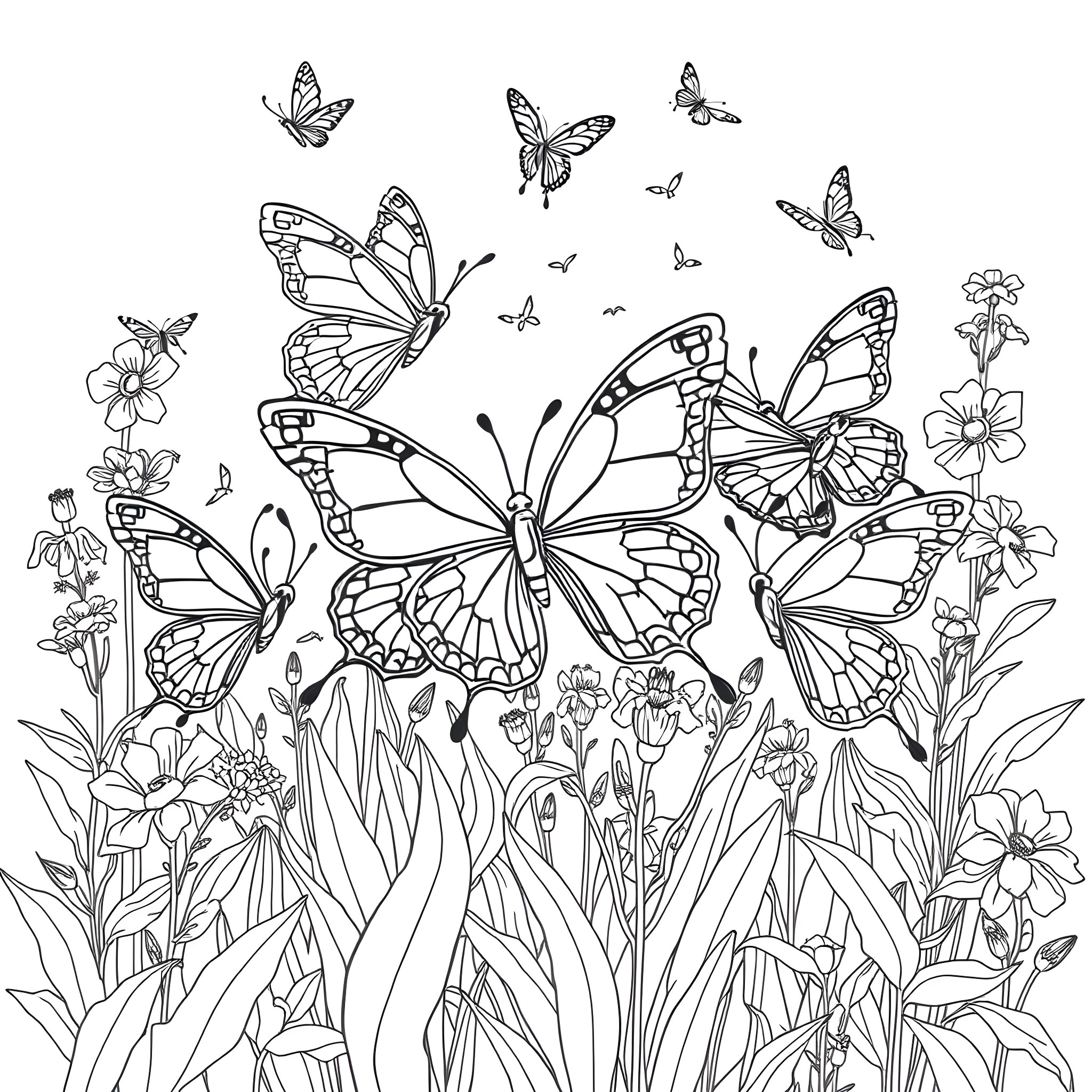 Butterfly Flight in a Floral Garden Coloring Page (free black-and-white line drawing printable PDF for all, from beginners to advanced learners, including children, teens, adults, and seniors)