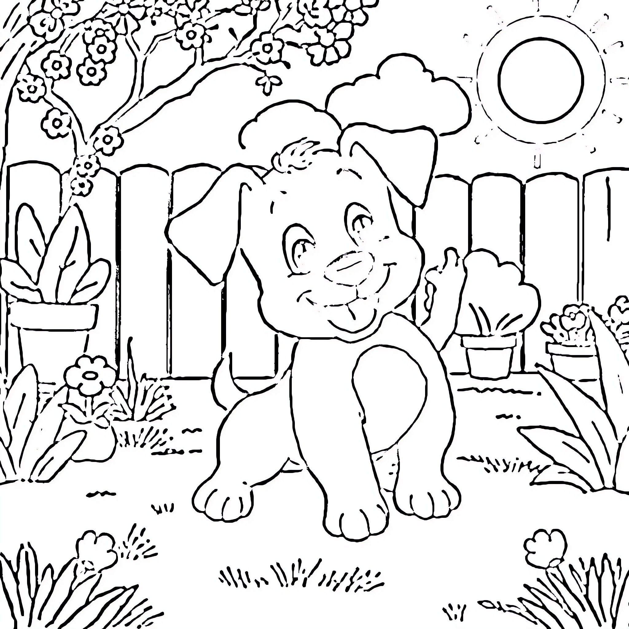 Bluey exploring the colorful garden Coloring Page (free black-and-white line drawing printable PDF for all, from beginners to advanced learners, including children, teens, adults, and seniors)