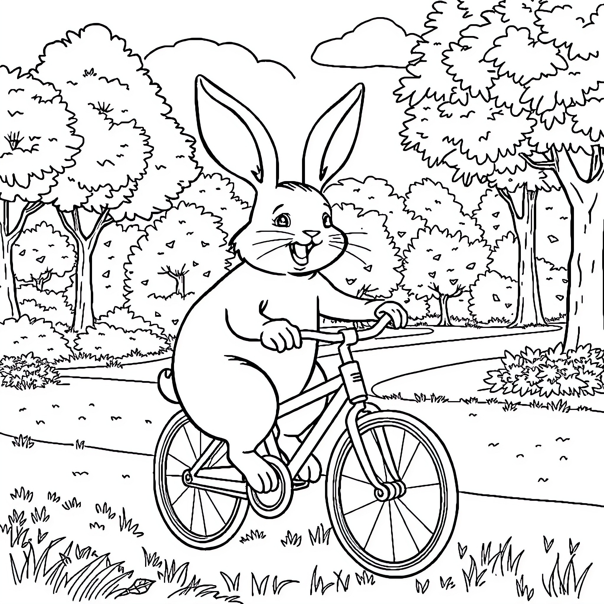 Rabbit riding a bicycle in the forest Coloring Page (free black-and-white line drawing printable PDF for all, from beginners to advanced learners, including children, teens, adults, and seniors)