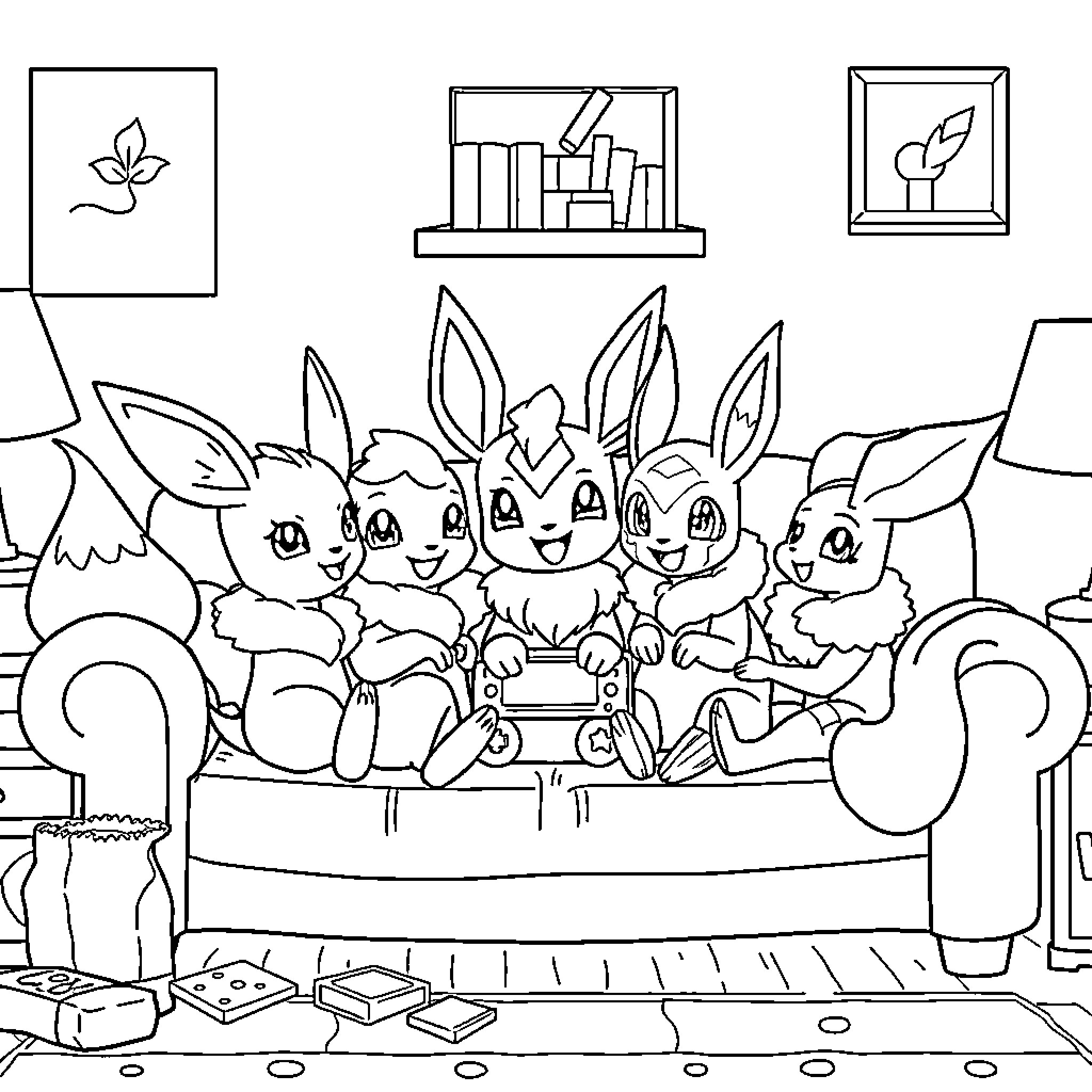 Eevee Crew Enjoying Quality Time Together Coloring Page (free black-and-white line drawing printable PDF for all, from beginners to advanced learners, including children, teens, adults, and seniors)