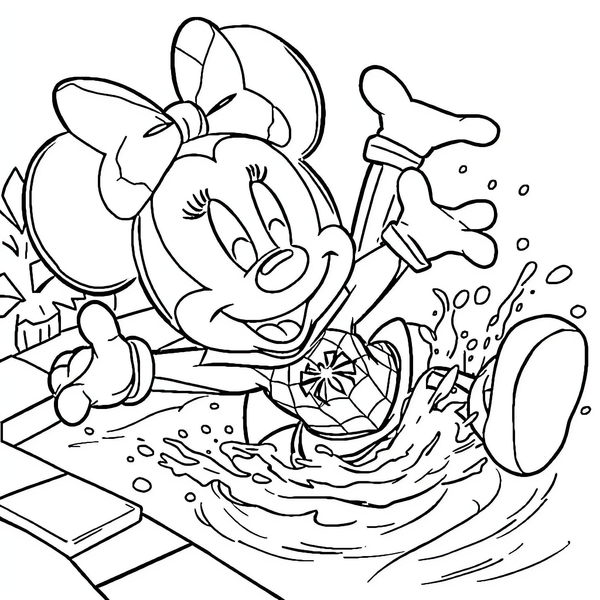 Minnie enjoying a bubble bath with toys Coloring Page (free black-and-white line drawing printable PDF for all, from beginners to advanced learners, including children, teens, adults, and seniors)