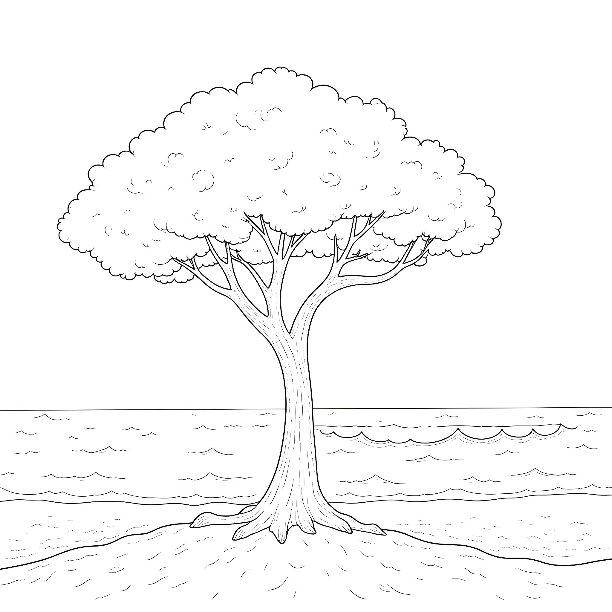 Tree standing tall near the water Coloring Page (free black-and-white line drawing printable PDF for all, from beginners to advanced learners, including children, teens, adults, and seniors)