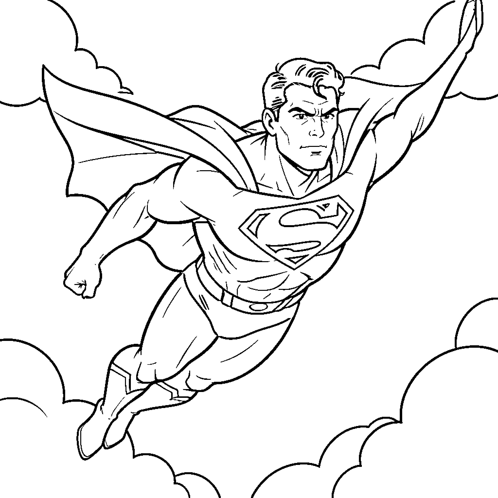 Superman flying heroically through the clouds Coloring Page (free black-and-white line drawing printable PDF for all, from beginners to advanced learners, including children, teens, adults, and seniors)
