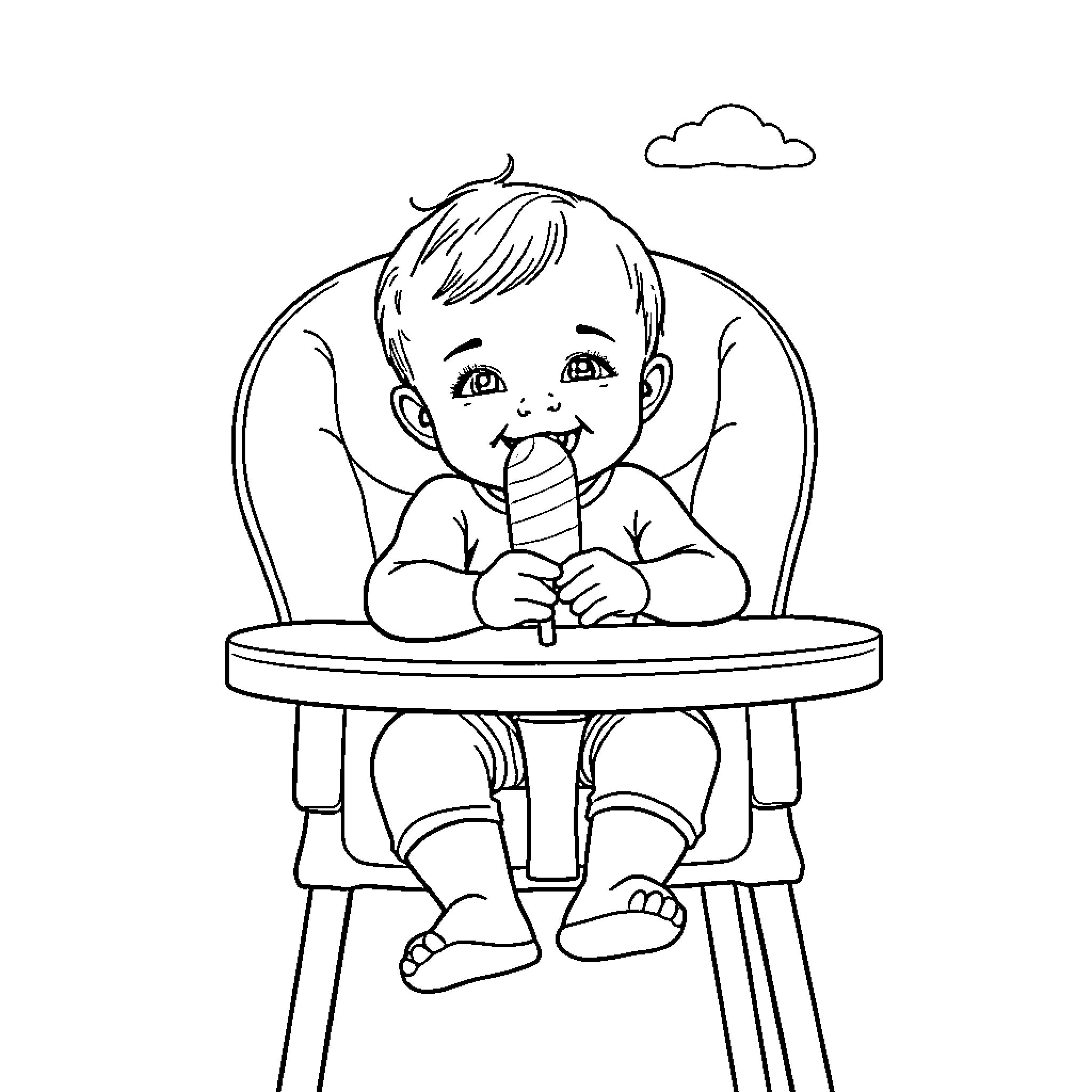 Baby eating happily in high chair Coloring Page (free black-and-white line drawing printable PDF for all, from beginners to advanced learners, including children, teens, adults, and seniors)