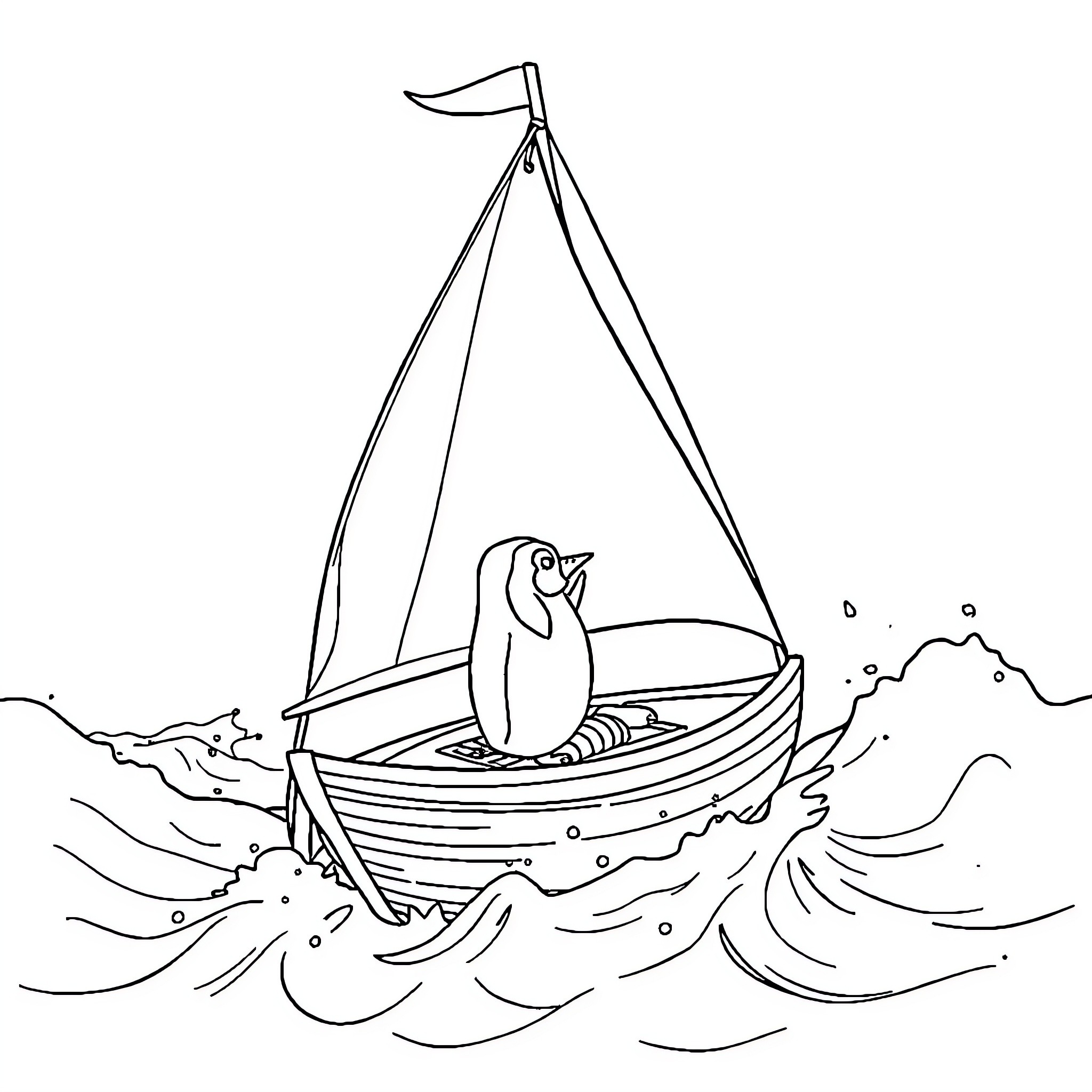 Penguin sailing alone on a small boat Coloring Page (free black-and-white line drawing printable PDF for all, from beginners to advanced learners, including children, teens, adults, and seniors)