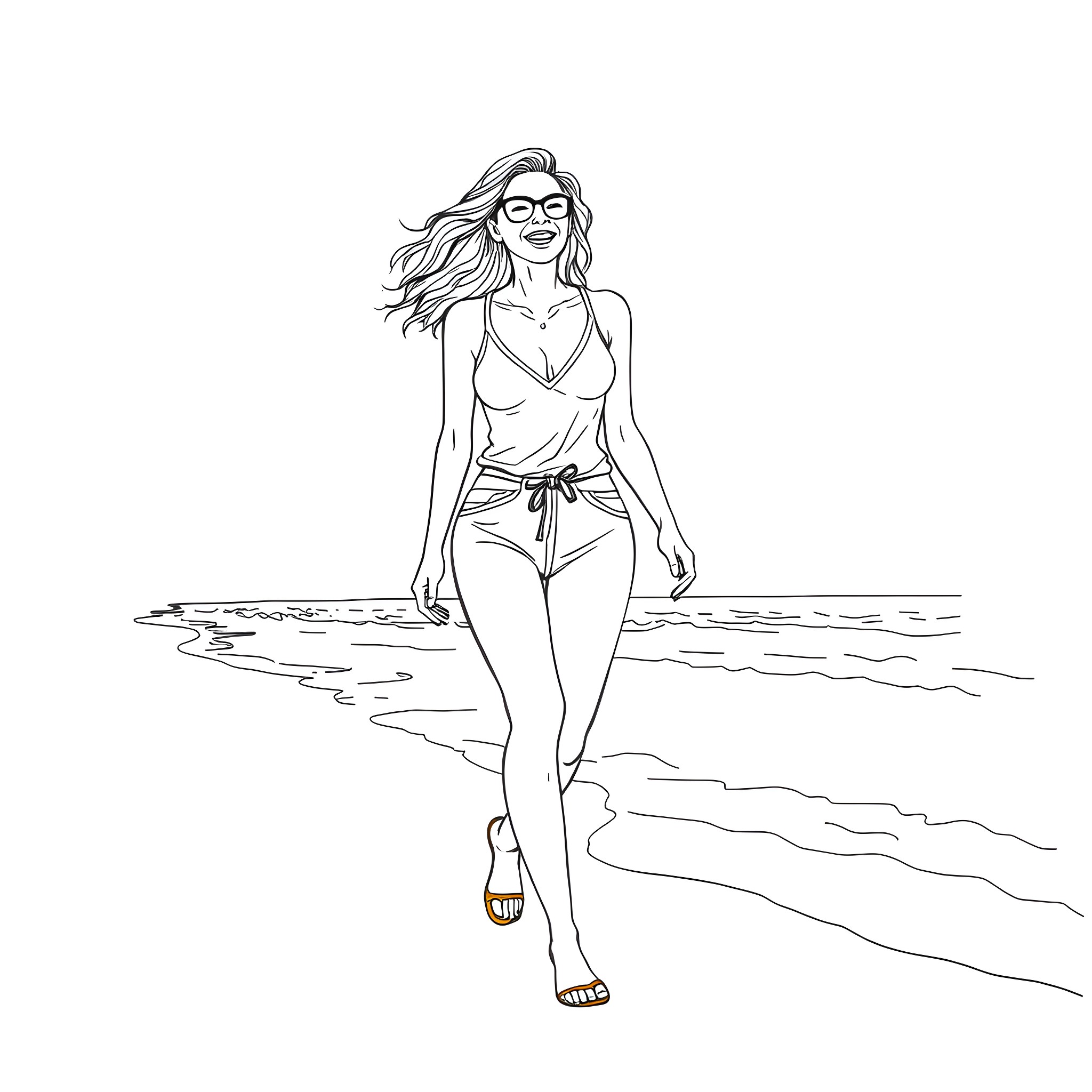 Woman walking confidently on the beach Coloring Page (free black-and-white line drawing printable PDF for all, from beginners to advanced learners, including children, teens, adults, and seniors)