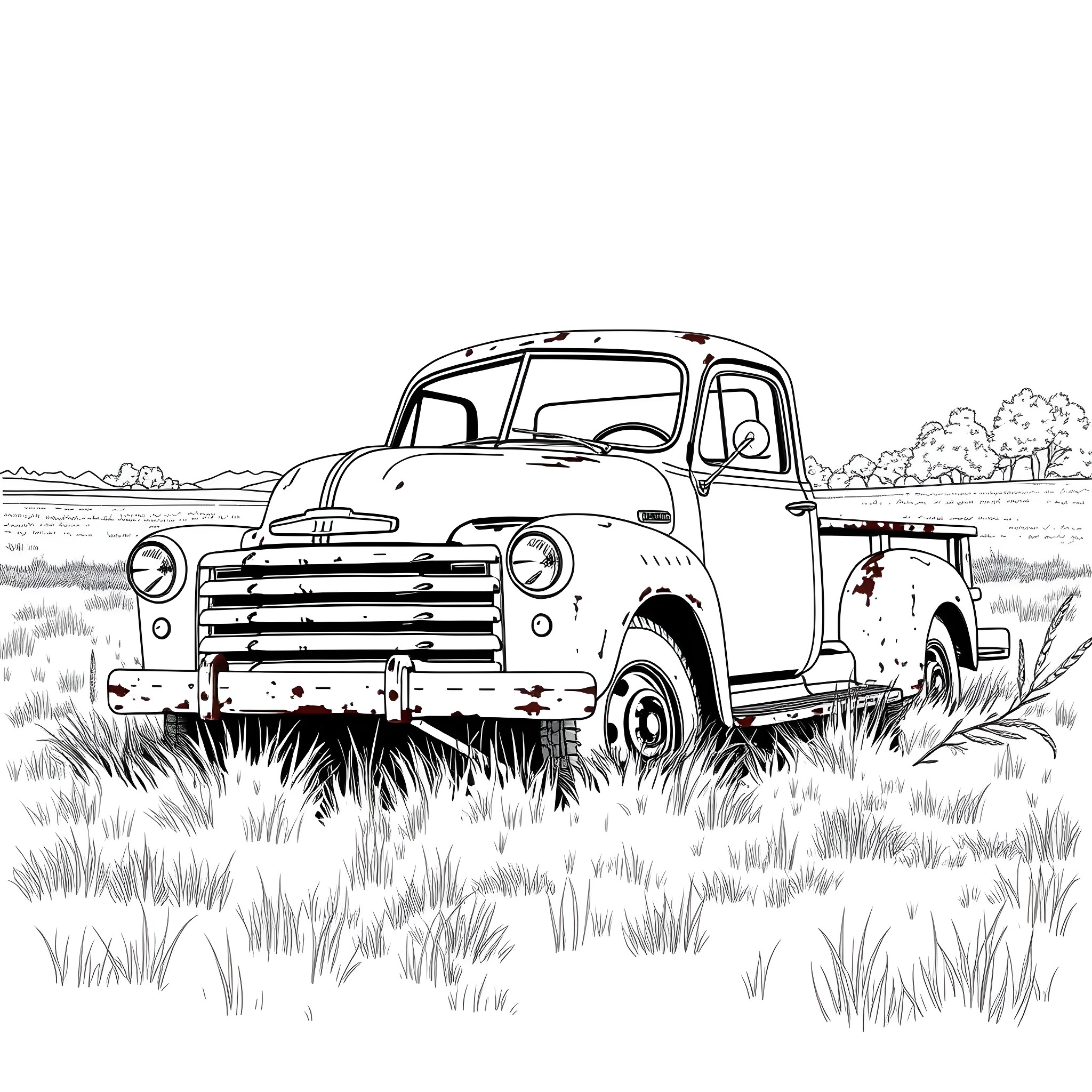 Truck hauling equipment in rural landscape Coloring Page (free black-and-white line drawing printable PDF for all, from beginners to advanced learners, including children, teens, adults, and seniors)