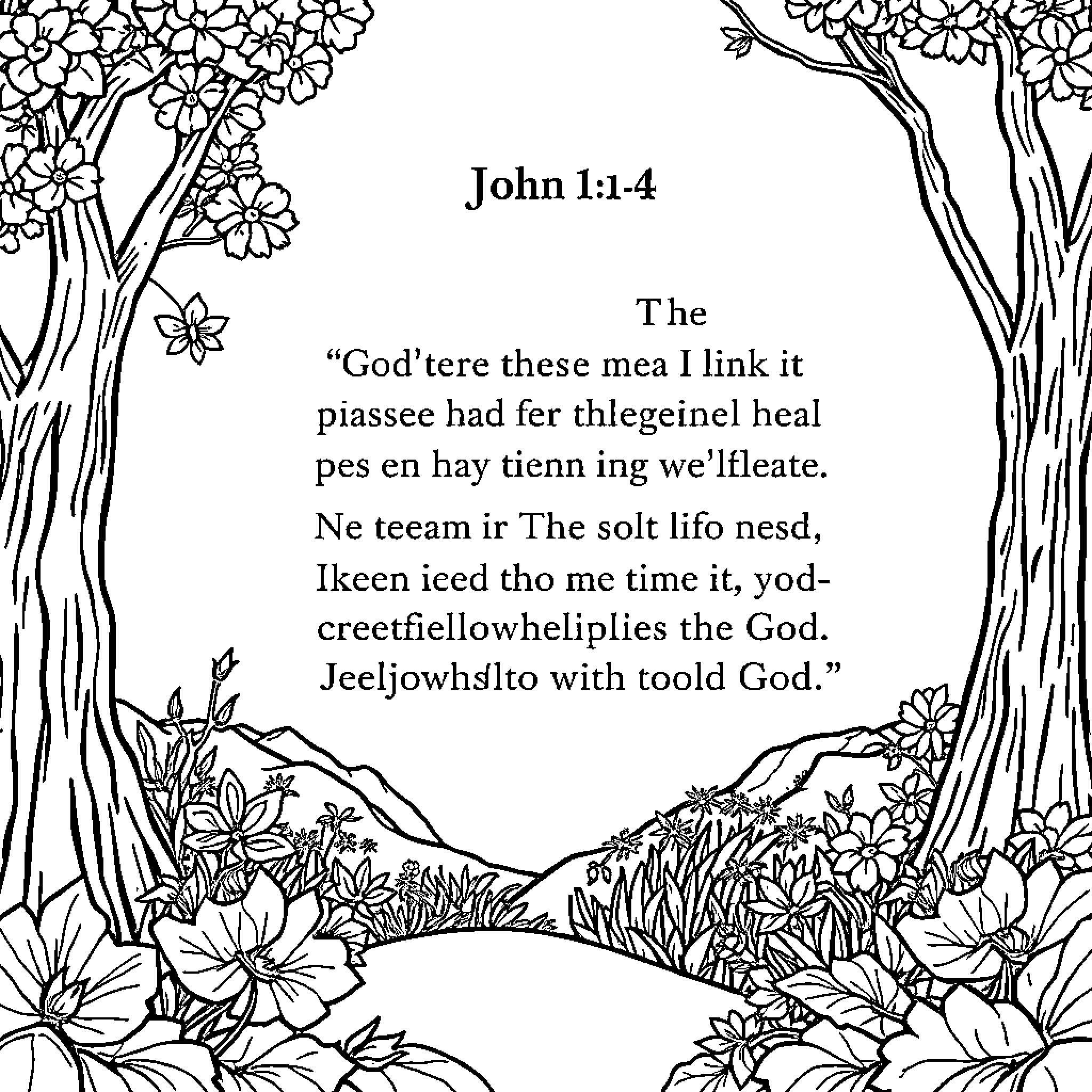 John in the Peaceful Floral Landscape Coloring Page (free black-and-white line drawing printable PDF for all, from beginners to advanced learners, including children, teens, adults, and seniors)