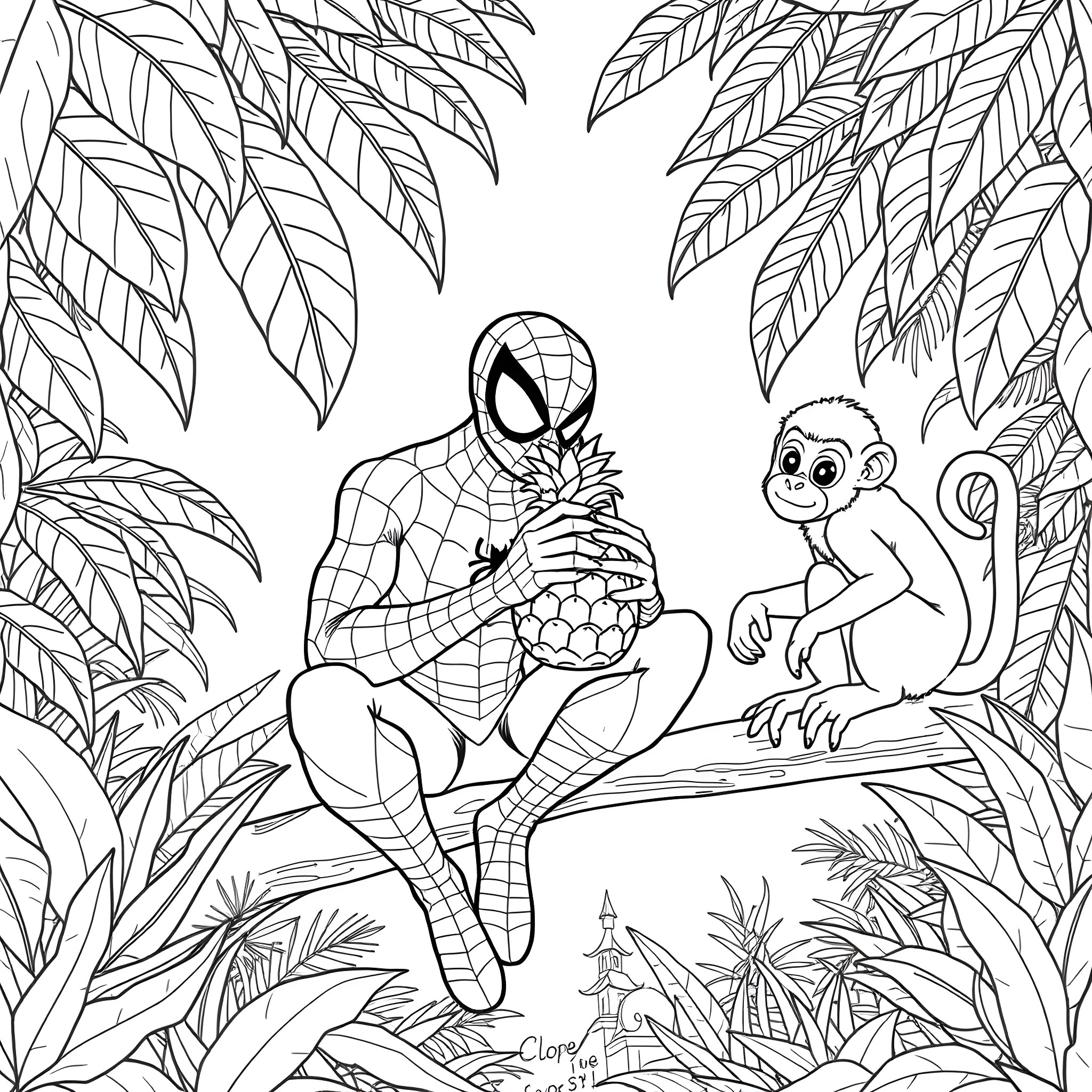 Spiderman interacting with friendly creatures in jungle setting Coloring Page (free black-and-white line drawing printable PDF for all, from beginners to advanced learners, including children, teens, adults, and seniors)