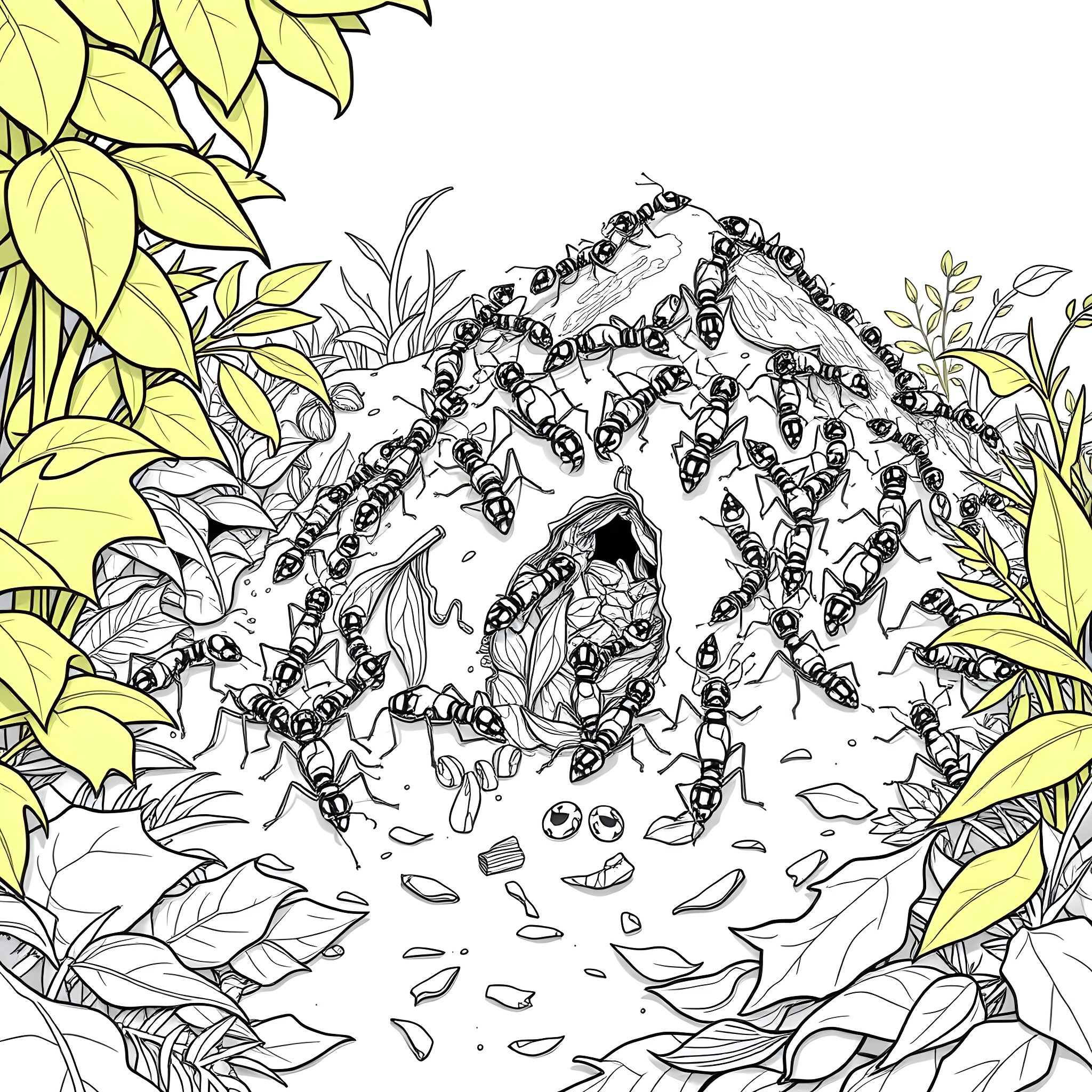Ant Colony Bustling in the Foliage Coloring Page (free black-and-white line drawing printable PDF for all, from beginners to advanced learners, including children, teens, adults, and seniors)