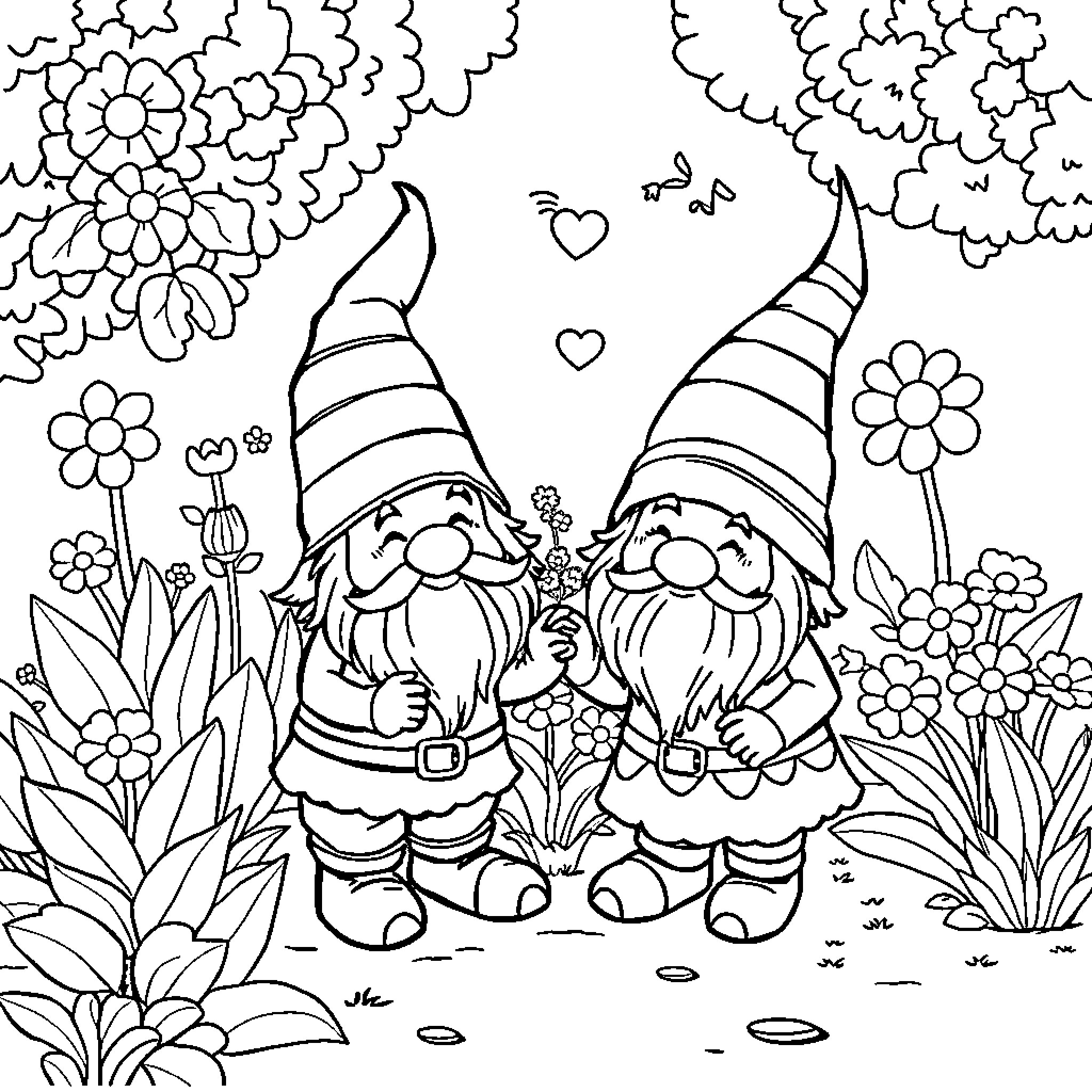 Gnome friends enjoying the floral garden Coloring Page (free black-and-white line drawing printable PDF for all, from beginners to advanced learners, including children, teens, adults, and seniors)