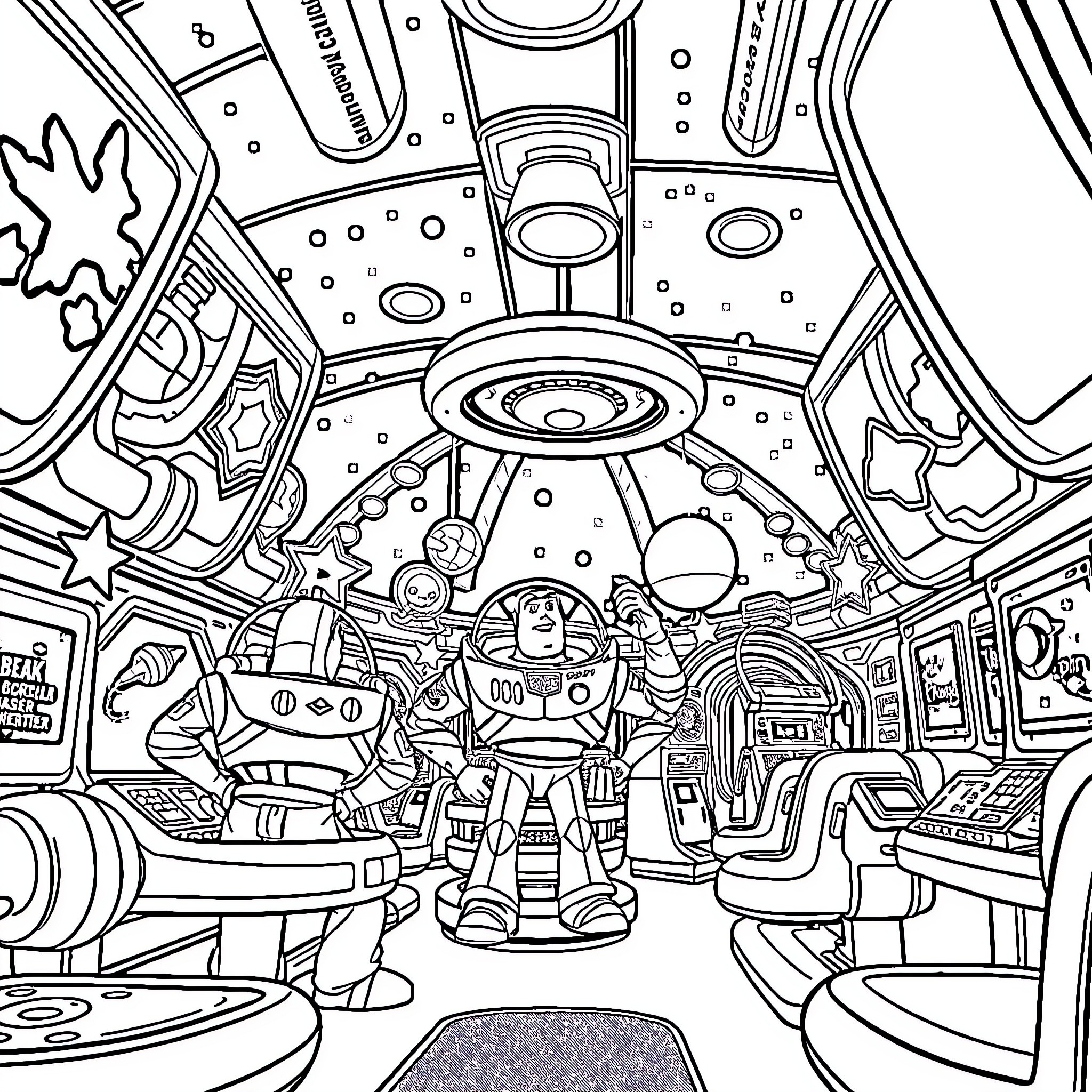 Buzz Lightyear exploring a futuristic spacecraft cockpit Coloring Page (free black-and-white line drawing printable PDF for all, from beginners to advanced learners, including children, teens, adults, and seniors)