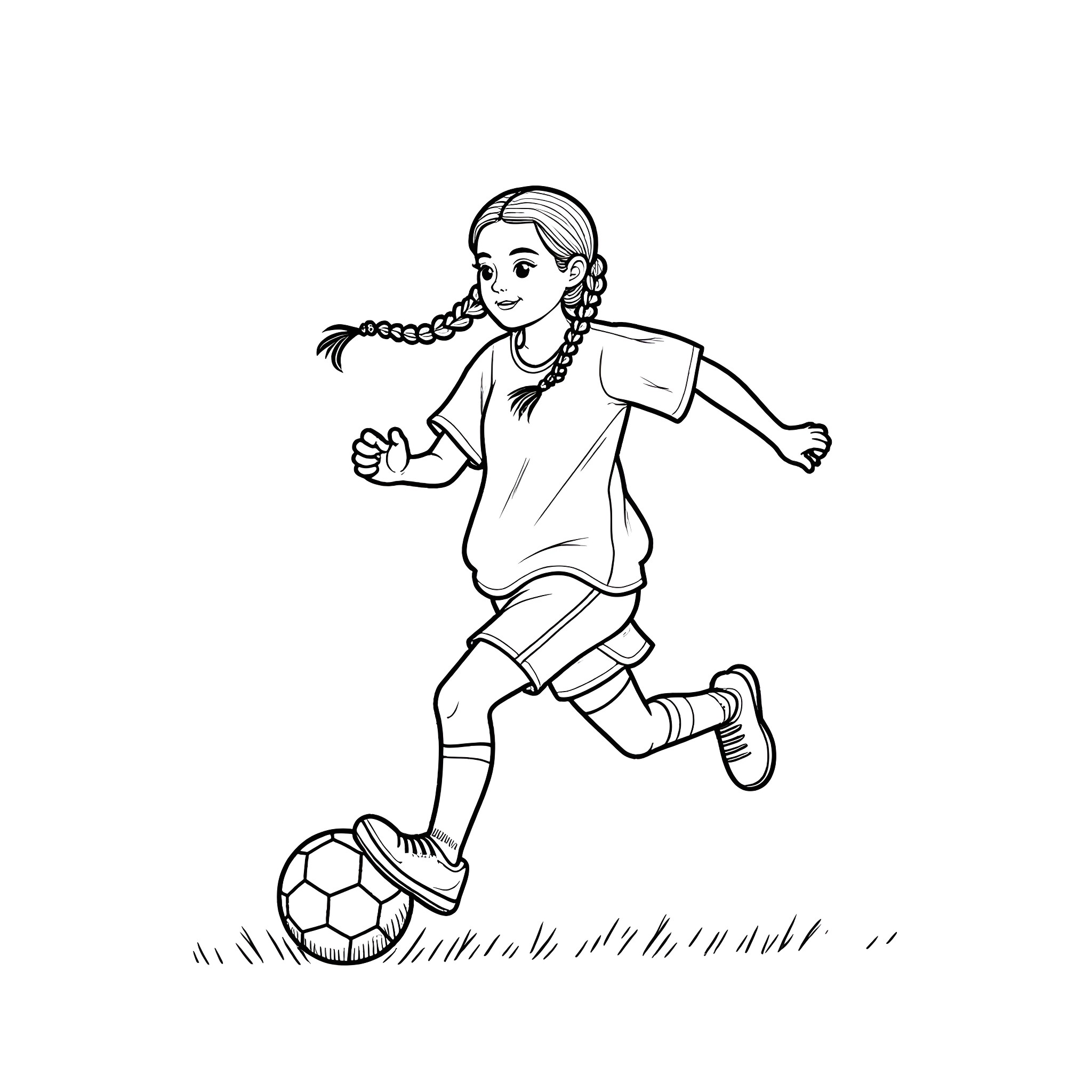 Girl playing soccer on the field Coloring Page (free black-and-white line drawing printable PDF for all, from beginners to advanced learners, including children, teens, adults, and seniors)