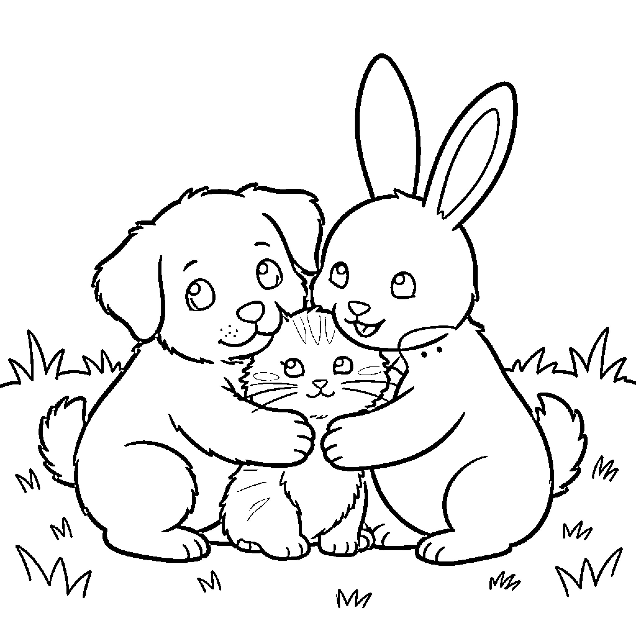 Puppy cuddling with a bunny in the grass Coloring Page (free black-and-white line drawing printable PDF for all, from beginners to advanced learners, including children, teens, adults, and seniors)